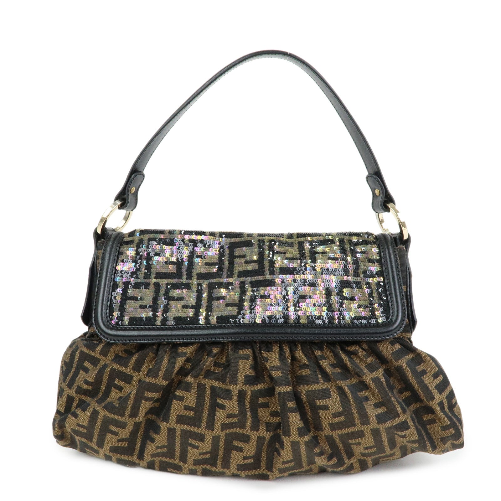 FENDI Zucca Canvas Leather Sequined Shoulder Bag Brown 8BR436