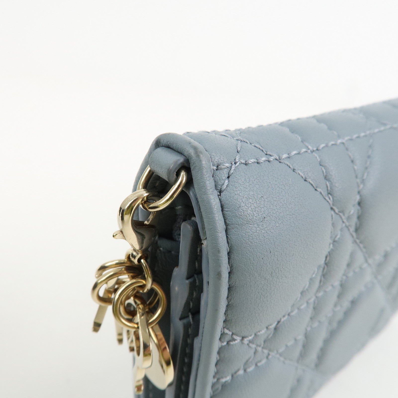 Christian Dior Cannage Leather Gardenia Wallet Gold Charm Blue Used