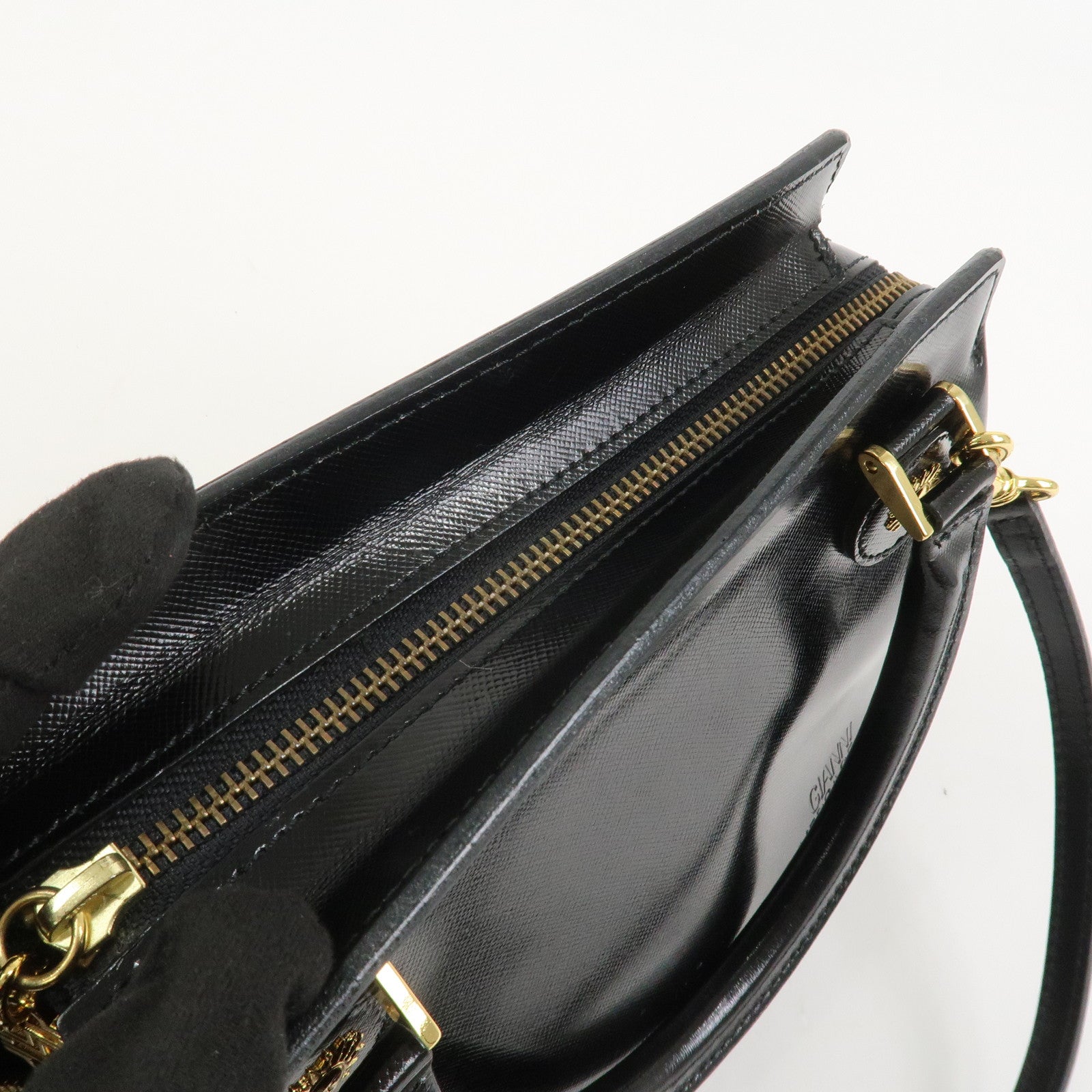 VERSACE Leather 2Way Hand Bag Shoulder Bag Black Gold