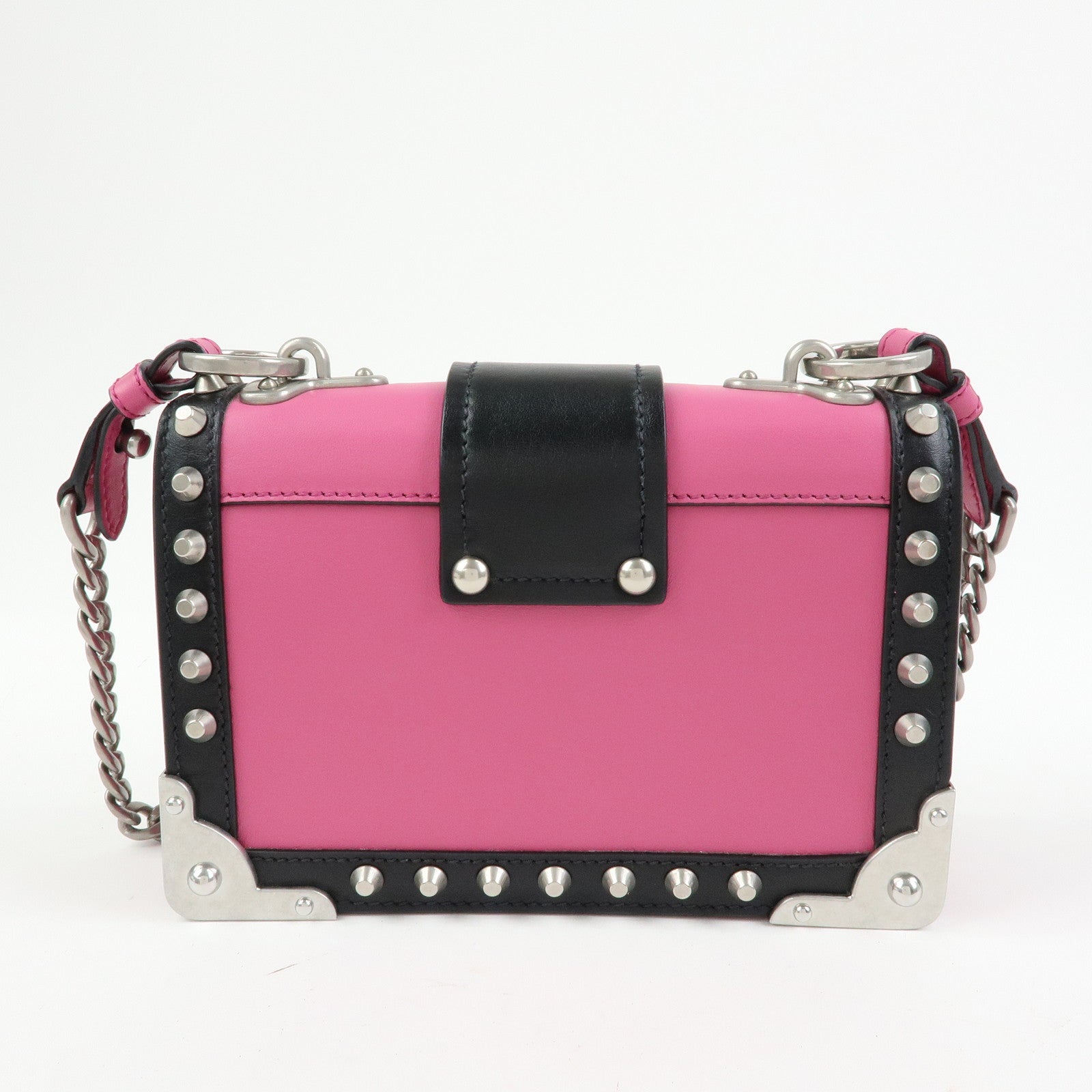 PRADA Cahier Calf Leather Studs Shoulder Bag Pink Black 1BH018