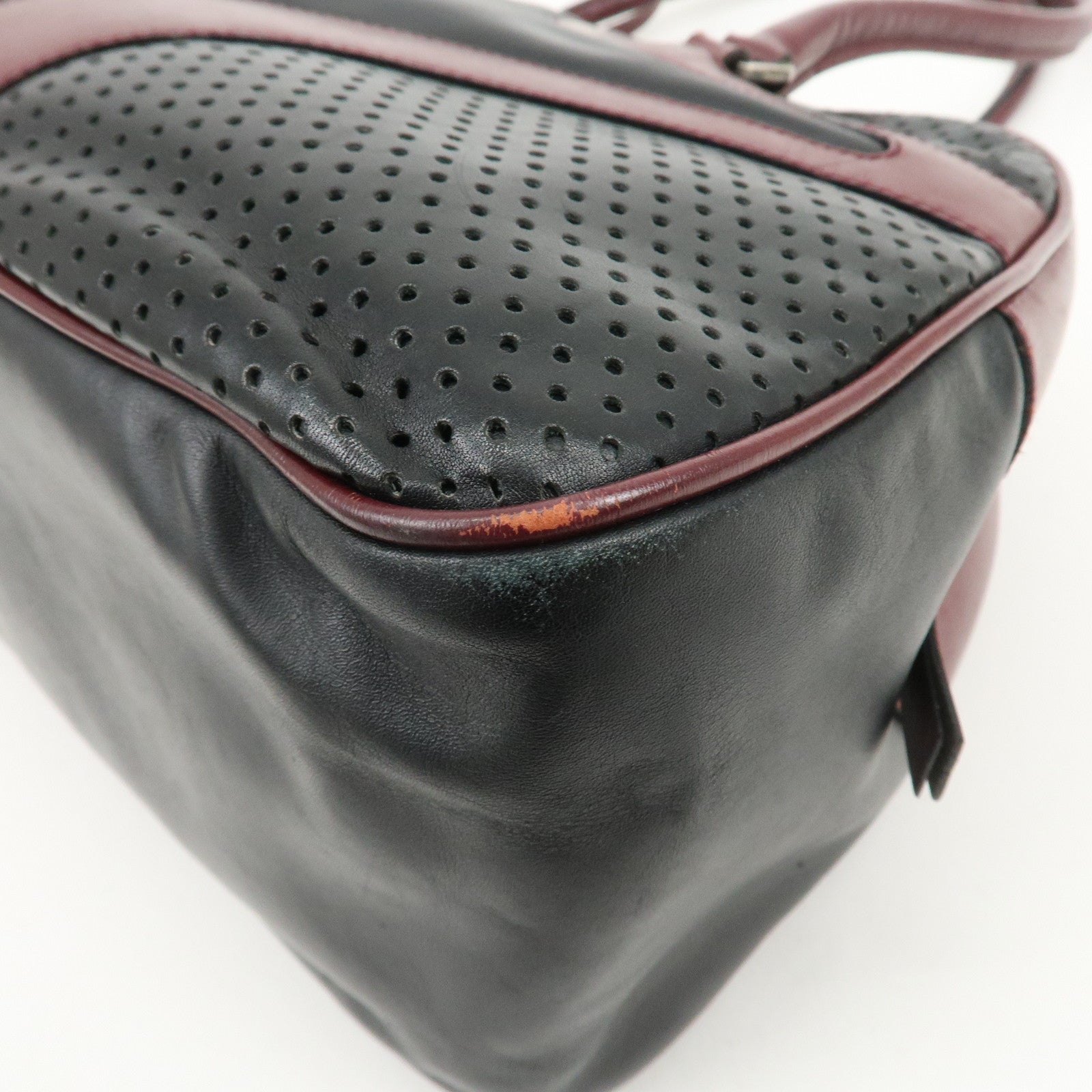 PRADA Leather Boston Bag Bowling Bag Hand Bag Black Bordeaux B10524