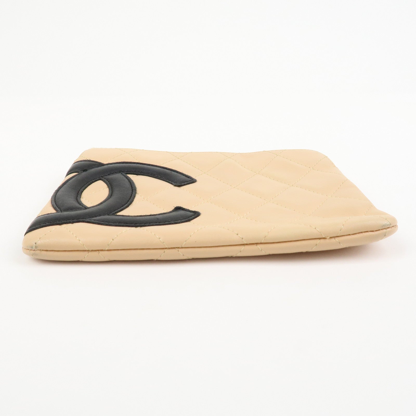 CHANEL Cambon Line Lamb Skin Cosmetic Pouch Makeup Bag Beige Black