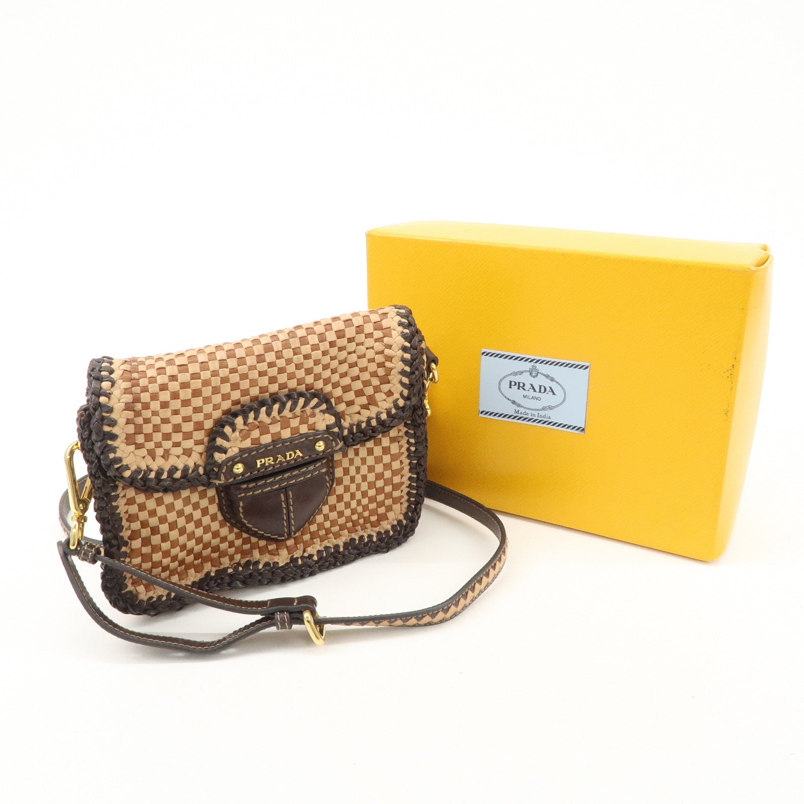 PRADA Madras Leather Shoulder bag Beige Brown BT781V Used