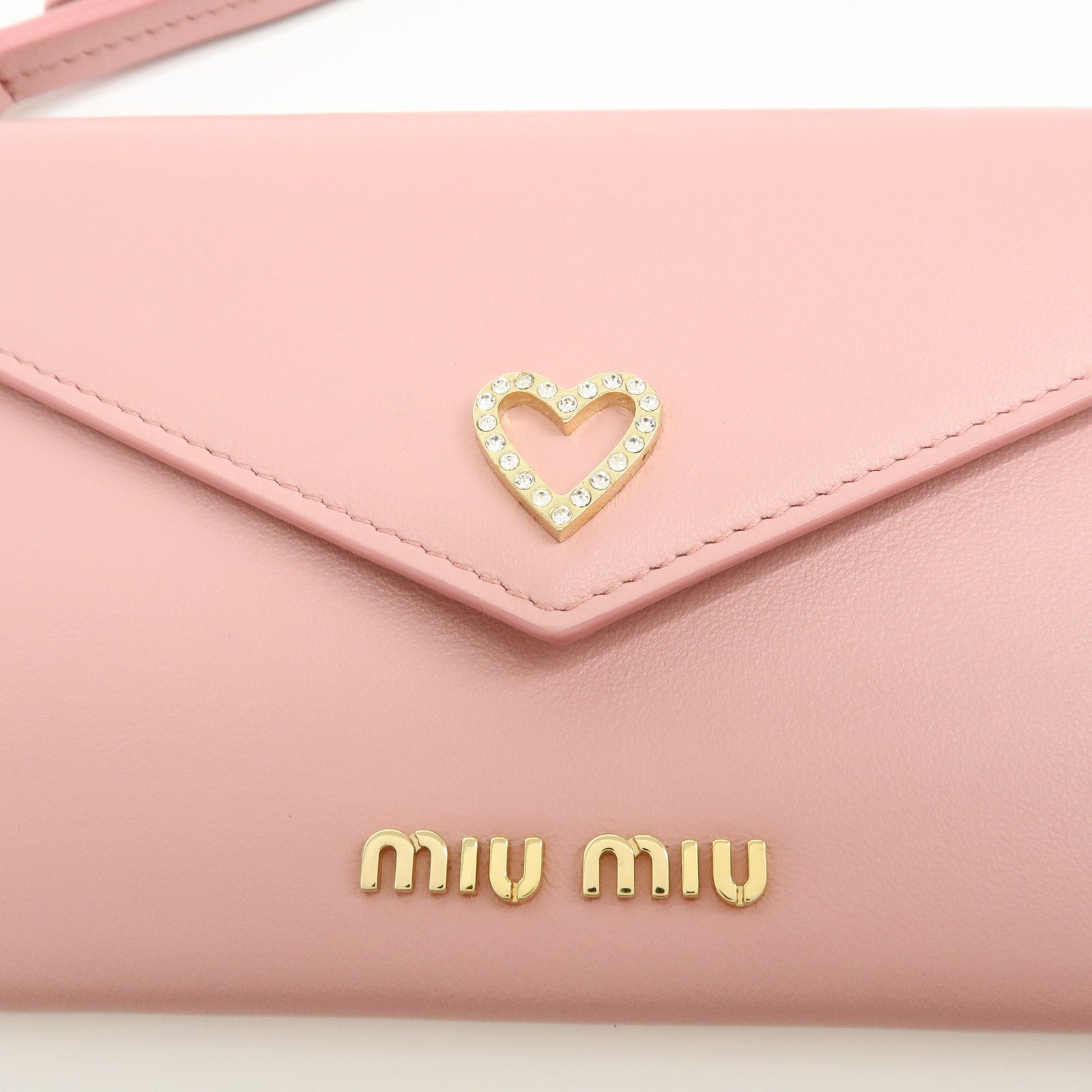 MIU MIU Madras Leather Rhinestone Card Case Heart Love letter Pink