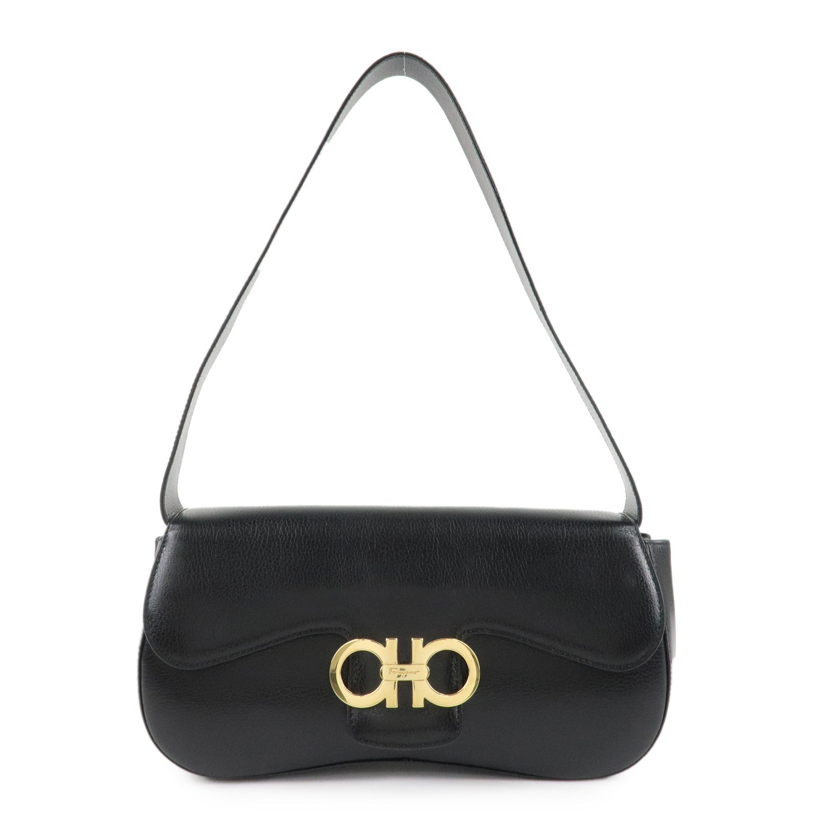 Ferragamo Ganchini Leather Shoulder Bag Hand Bag Black Used