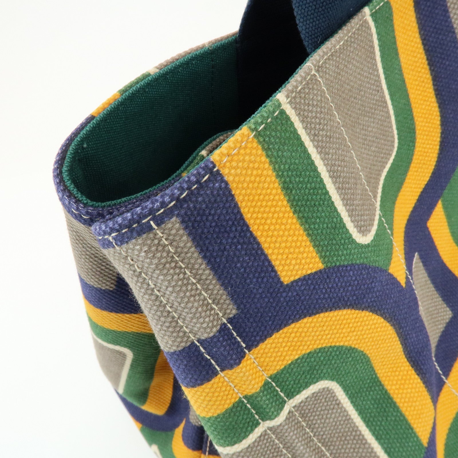 PRADA Canapa Large Tote Bag Hand Bag Green Yellow Navy BN1872