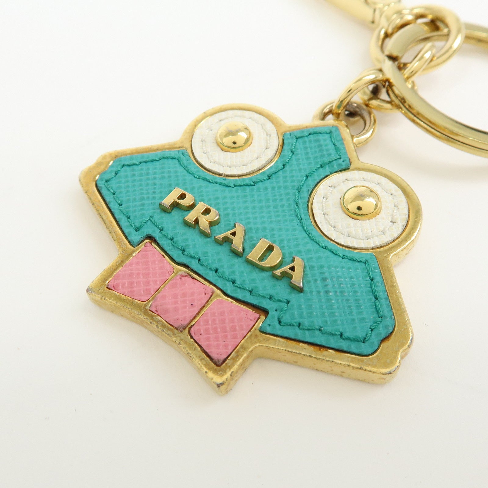 PRADA Saffiano Leather Metal Bag Charm Key Chain Green Pink Gold