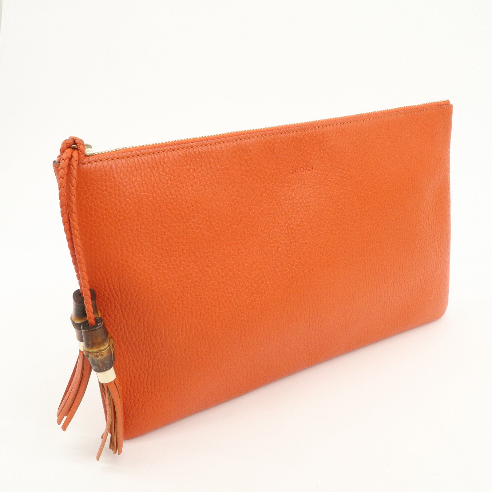 GUCCI Bamboo Logo Leather Clutch Bag Pouch Orange 449653