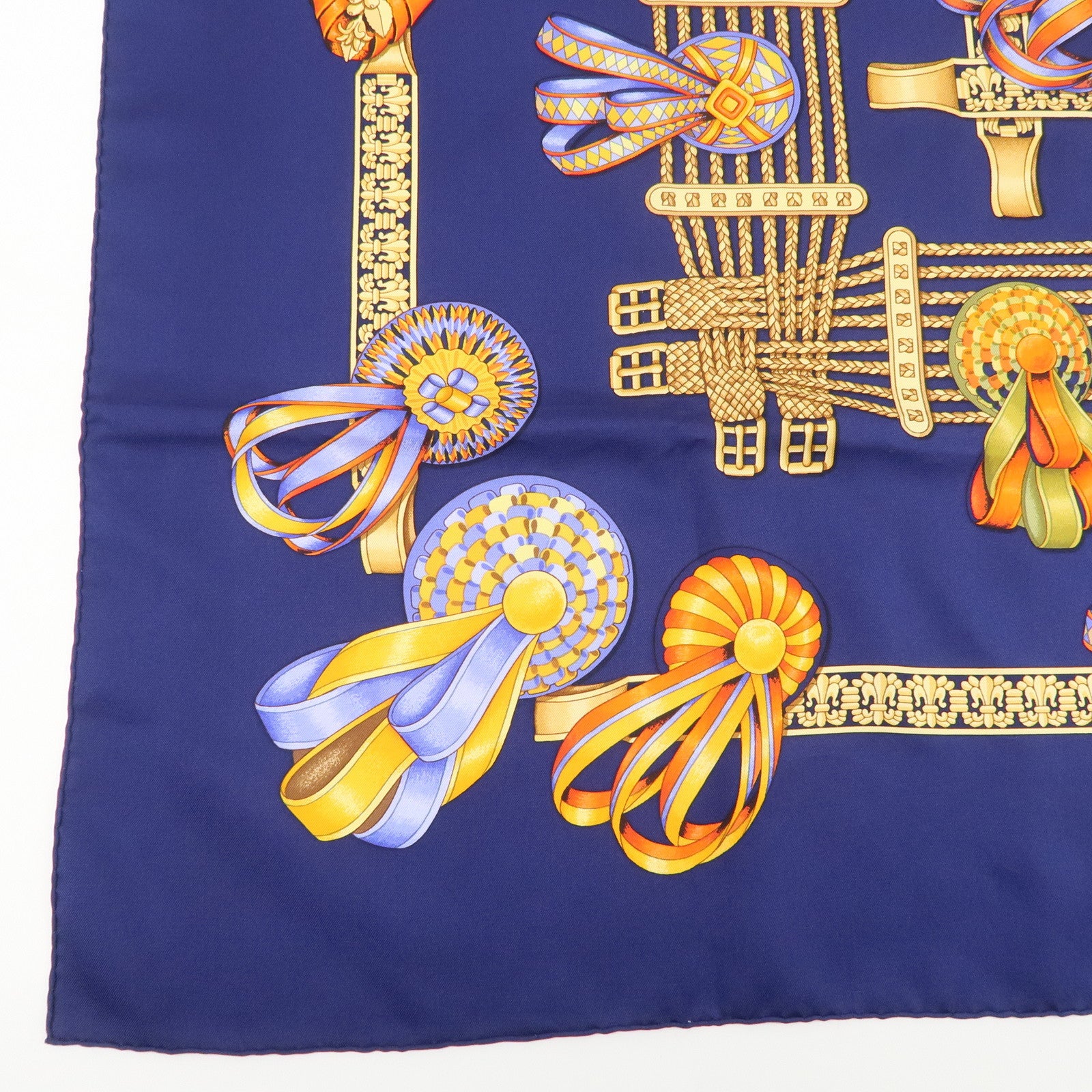 HERMES Carre 90 LES RUBANS DU CHEVAL Silk 100% Scarf Navy