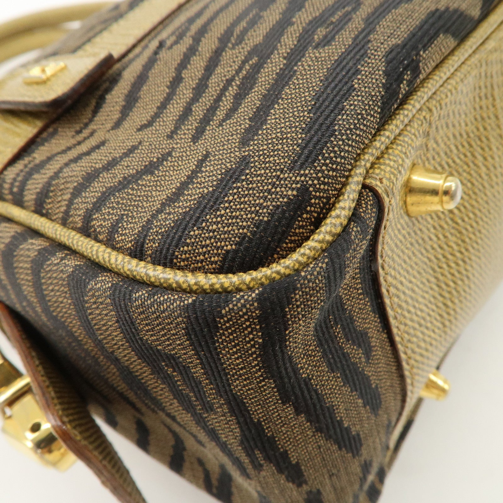 FENDI Leather Canvas 2Way Bag Hand Bag Zebra Print Black Brown Used