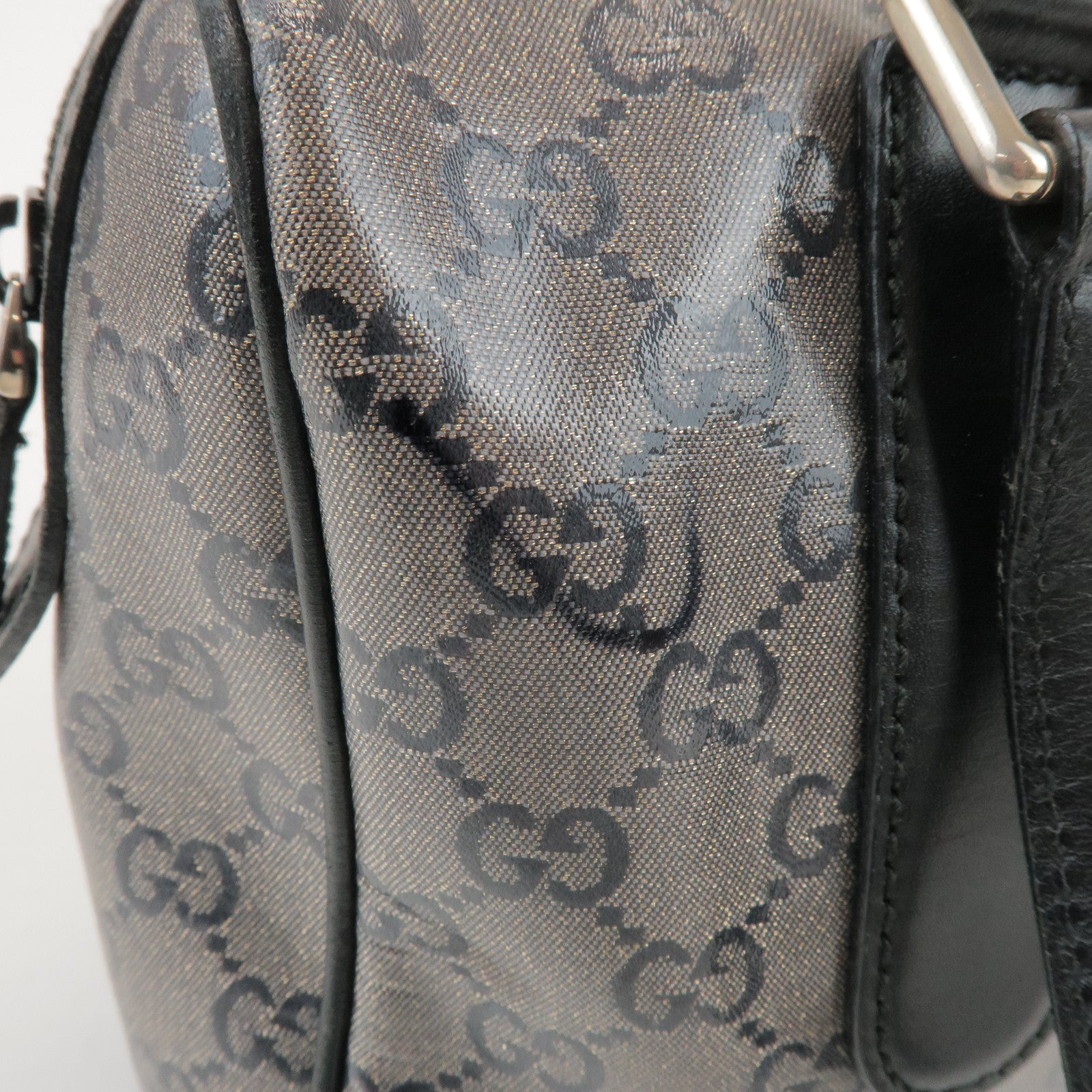 GUCCI GG Crystal Leather Boston Bag Hand Bag Silver Black 257289