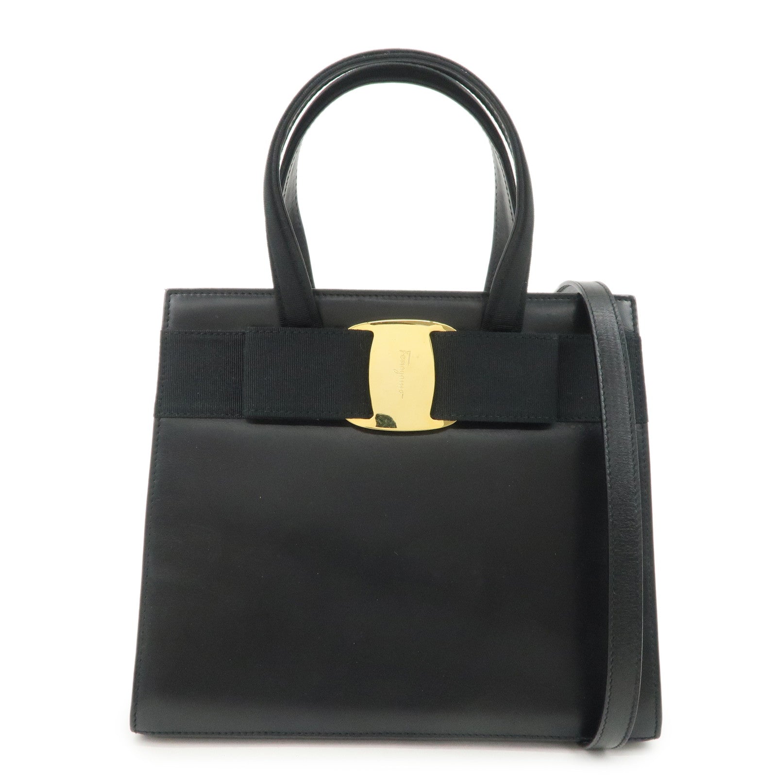 Ferragamo Gancini Leather 2Way Bag Hand Bag Shoulder Bag Black