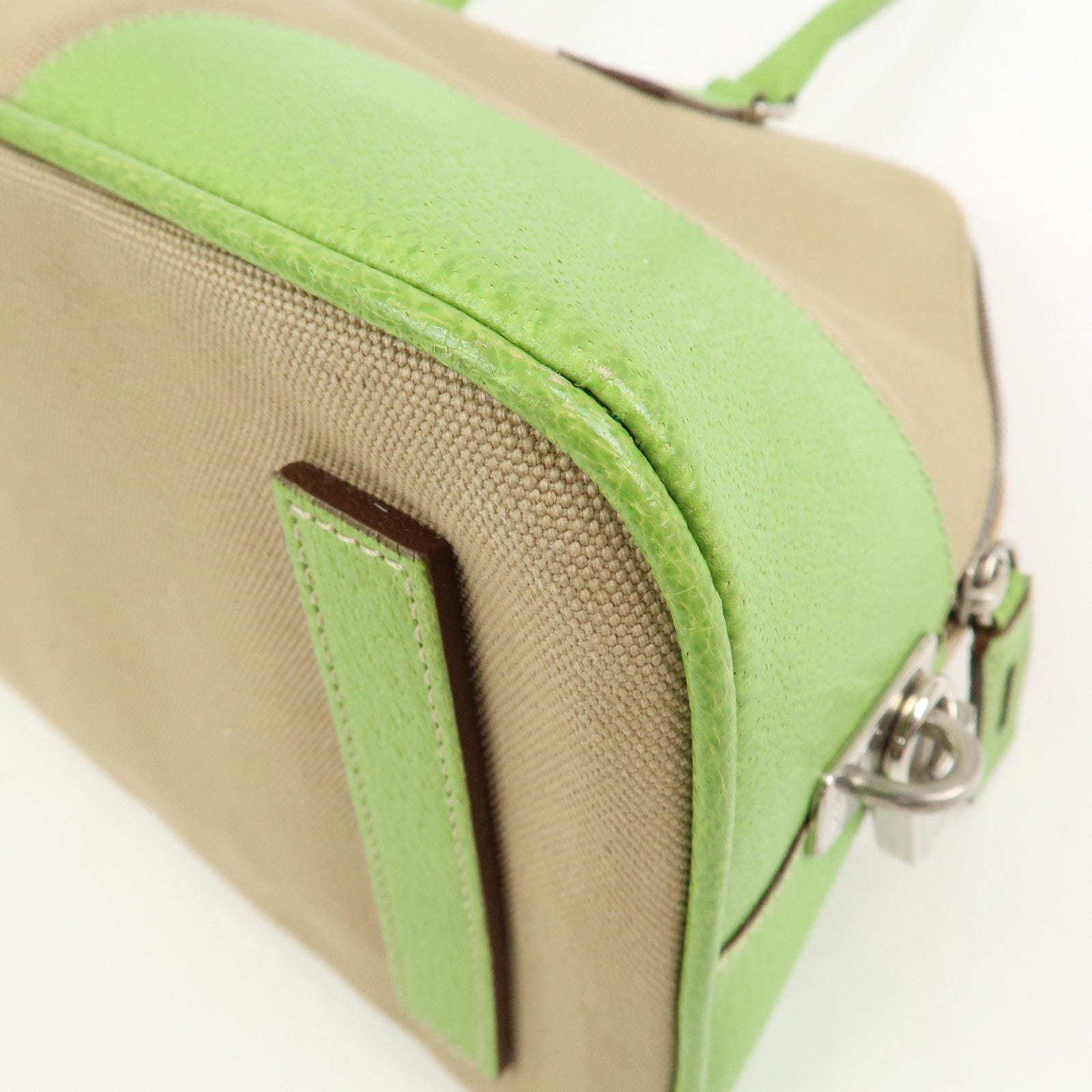 PRADA Canvas Leather Tote Bag Hand Bag Beige Light Green BN0082