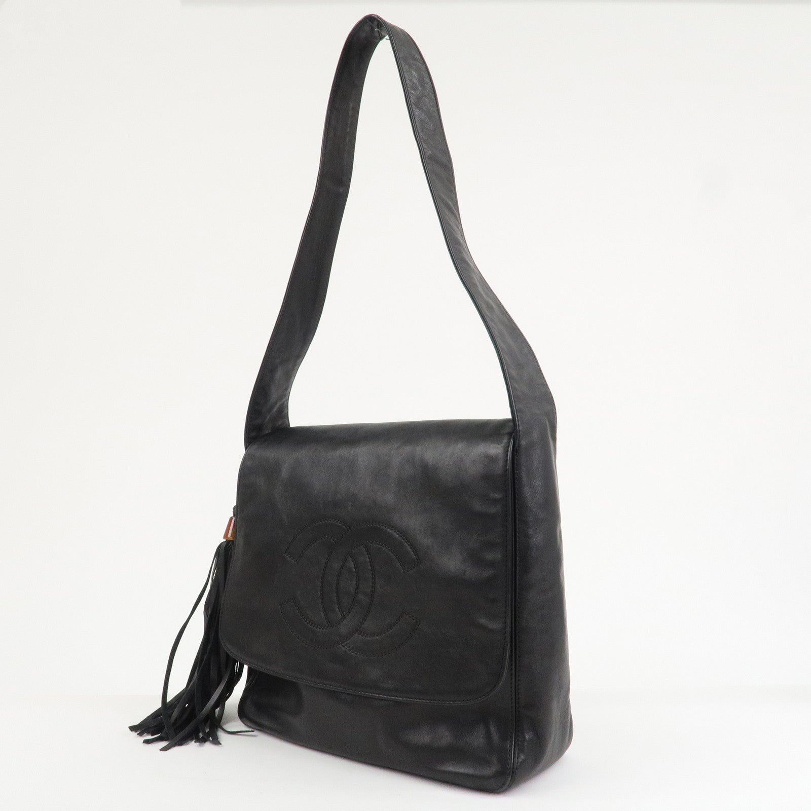 CHANEL COCO Mark Lamb Skin Shoulder Bag Hand Bag Tassel Black