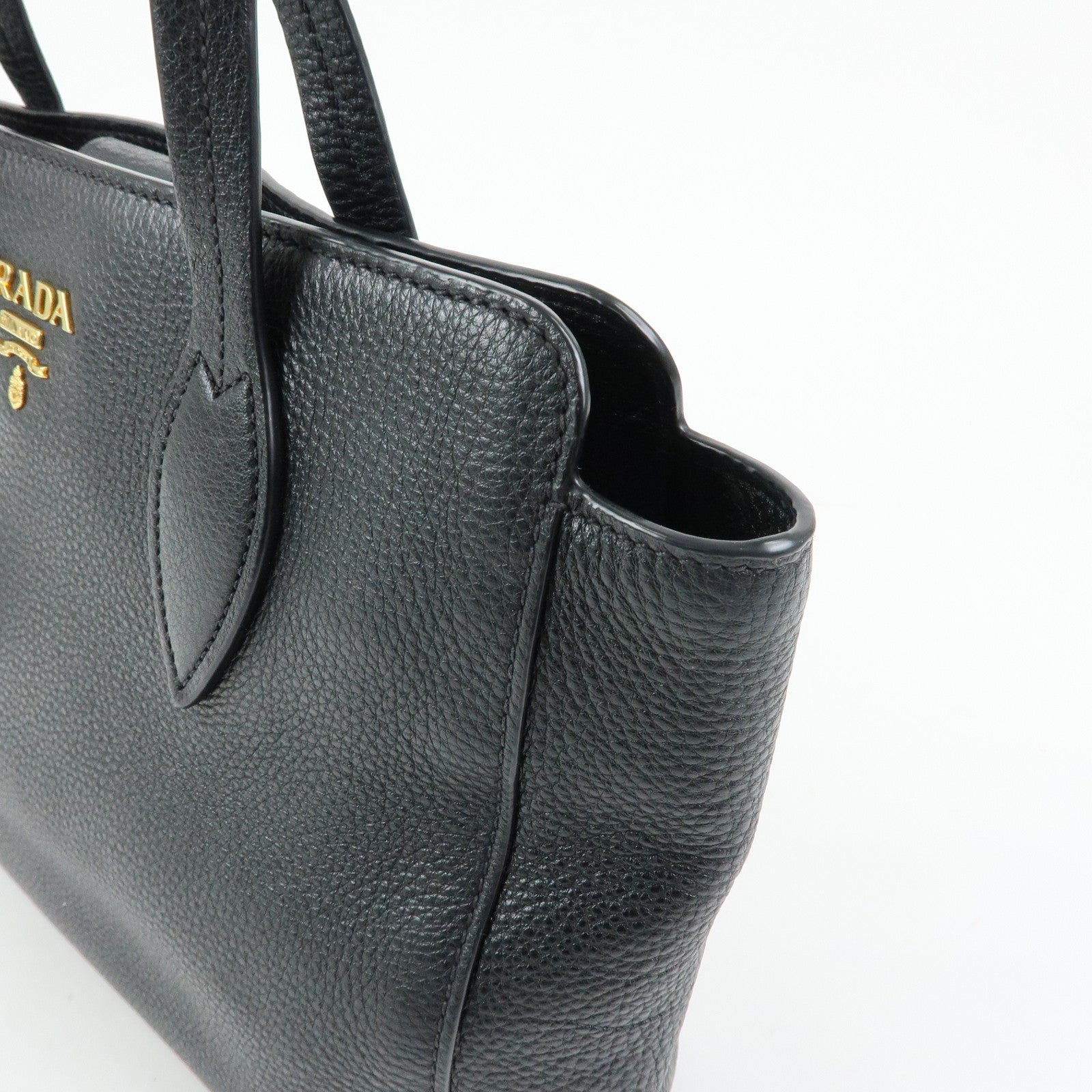 PRADA Logo Grain Calf Leather Tote Bag Shoulder Bag Black 1BG112