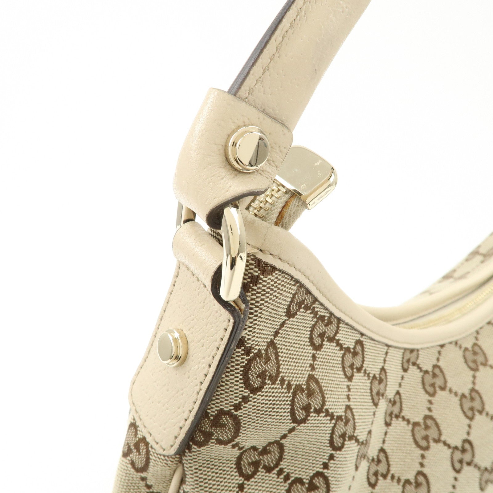 GUCCI Abbey Leather GG Canvas Shoulder Bag Beige Ivory 130737