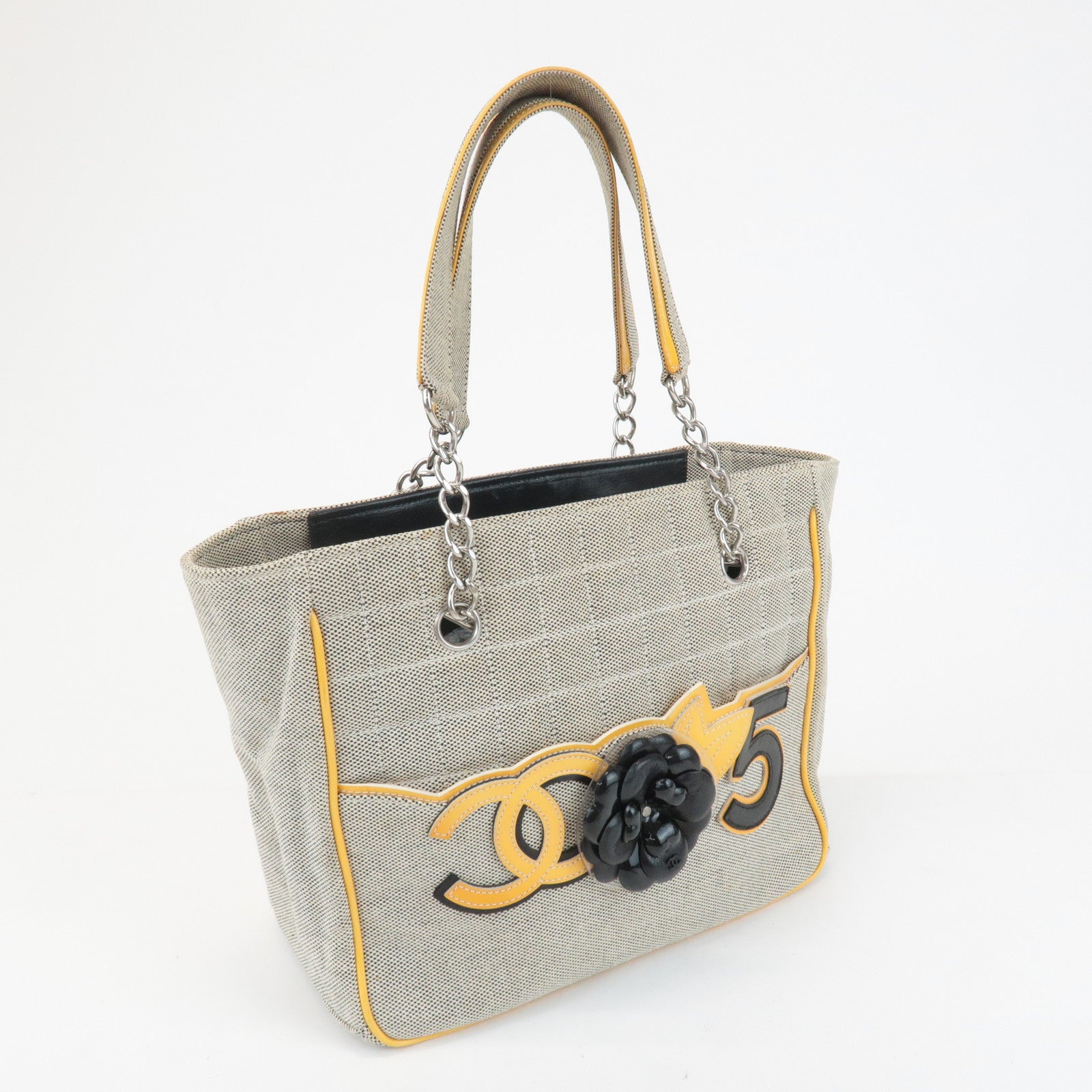 CHANEL COCO Mark No.5 Camellia Canvas Leather Patent Hand Bag A31573 Used