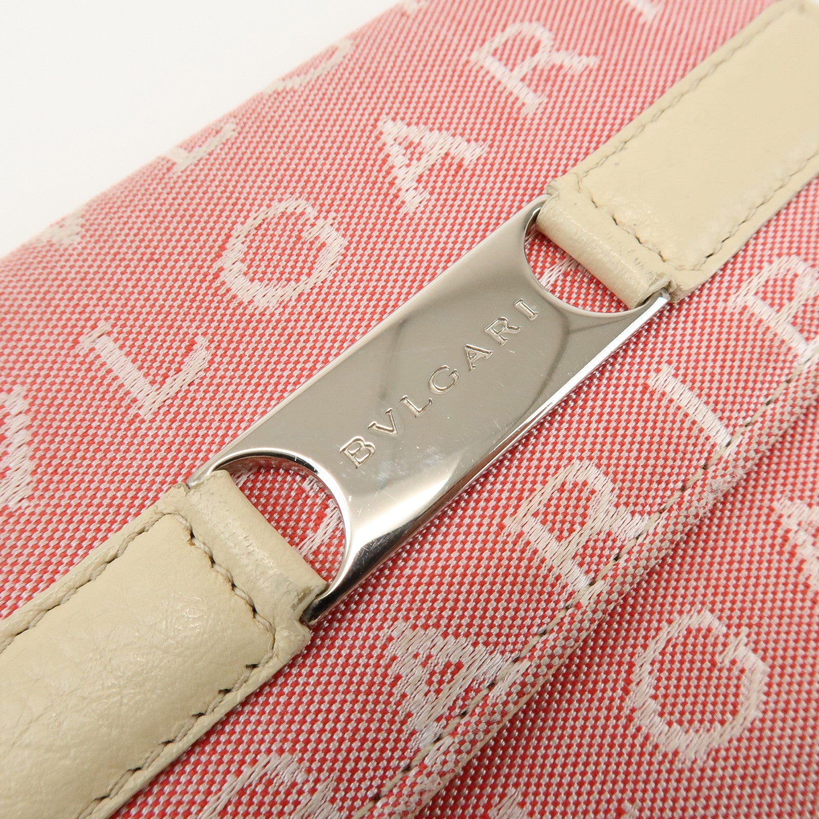 BVLGARI Logo Mania Canvas Leather Compact Wallet Pink Ivory