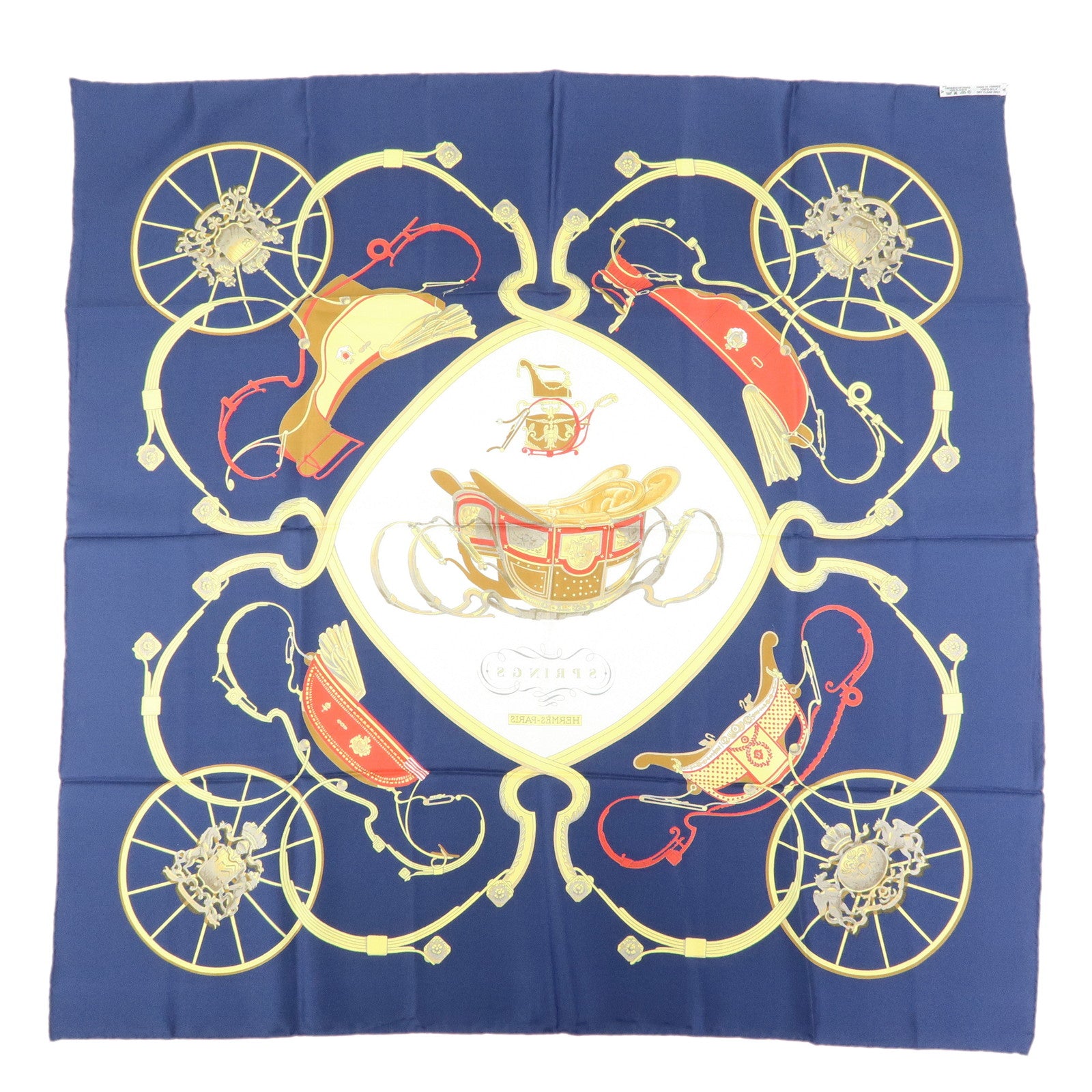 HERMES Carre 90 Silk 100% Scarf SPRINGS Navy