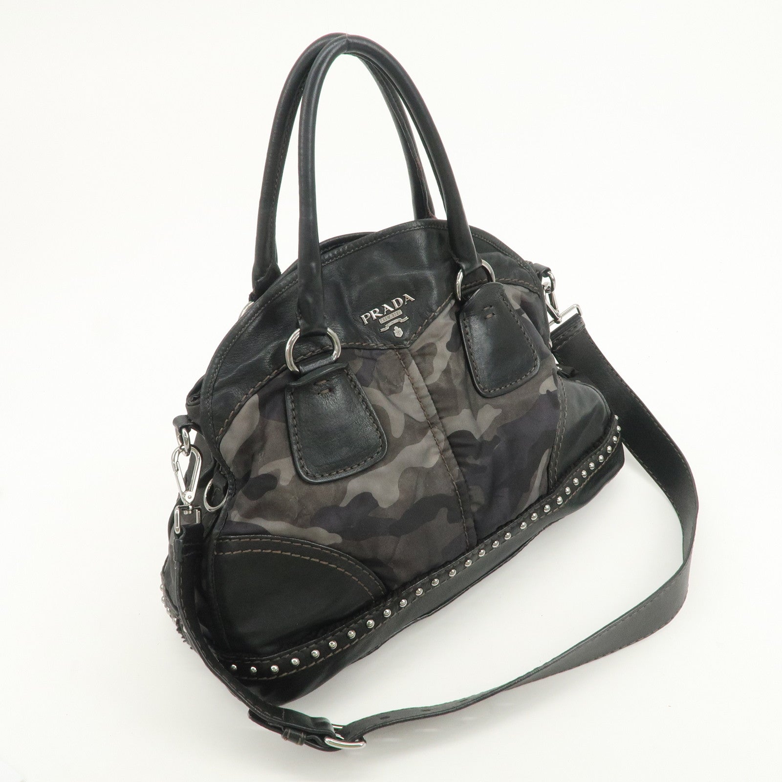 PRADA Nylon Leather 2Way Hand Shoulder Bag Black Camouflage BL0688