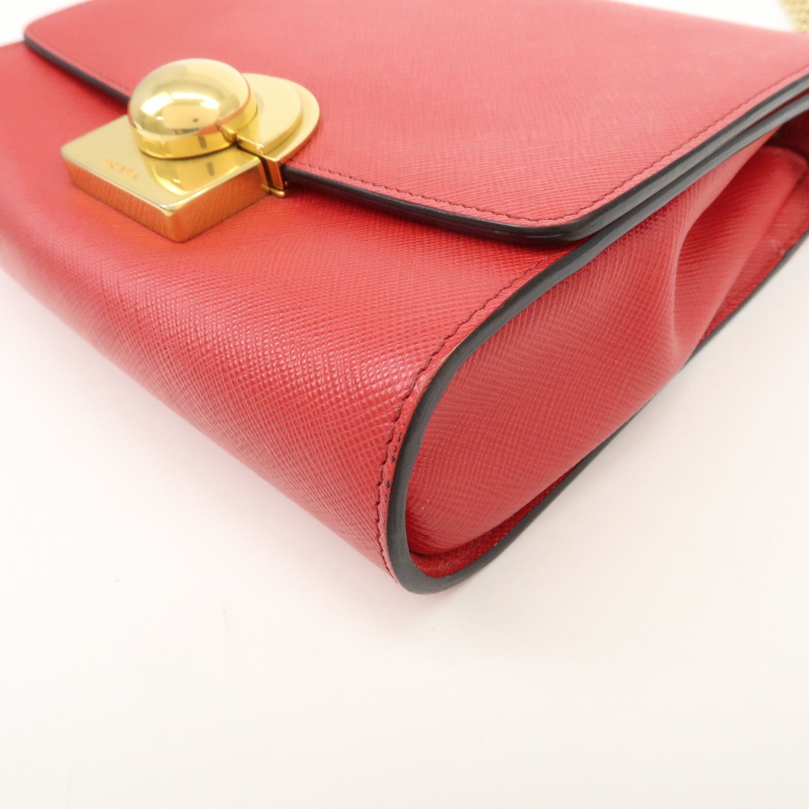 PRADA Logo Saffiano Leather Chain Shoulder Bag Red 1BH007