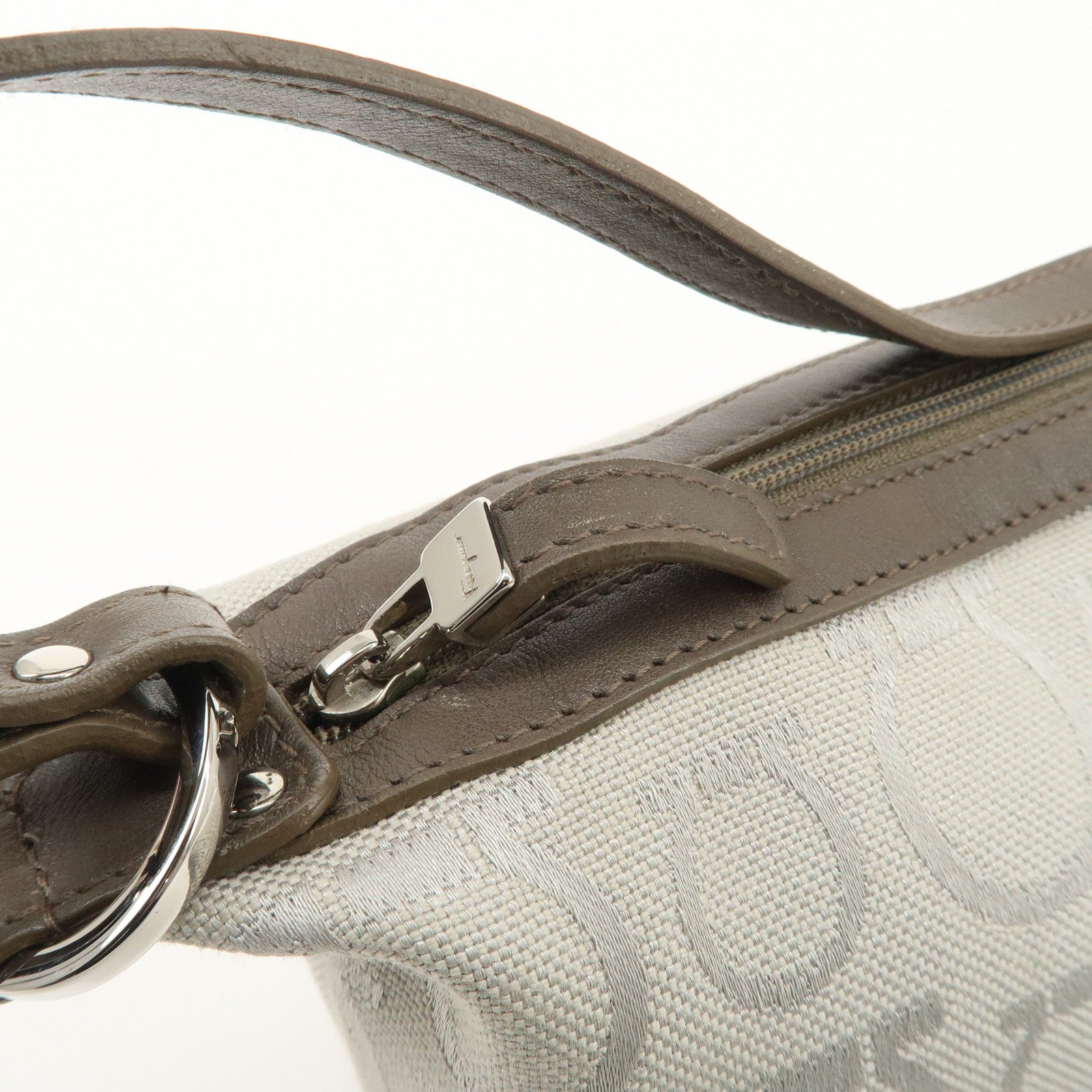 Ferragamo Gancini Leather Canvas Shoulder Bag Brown Silver Used