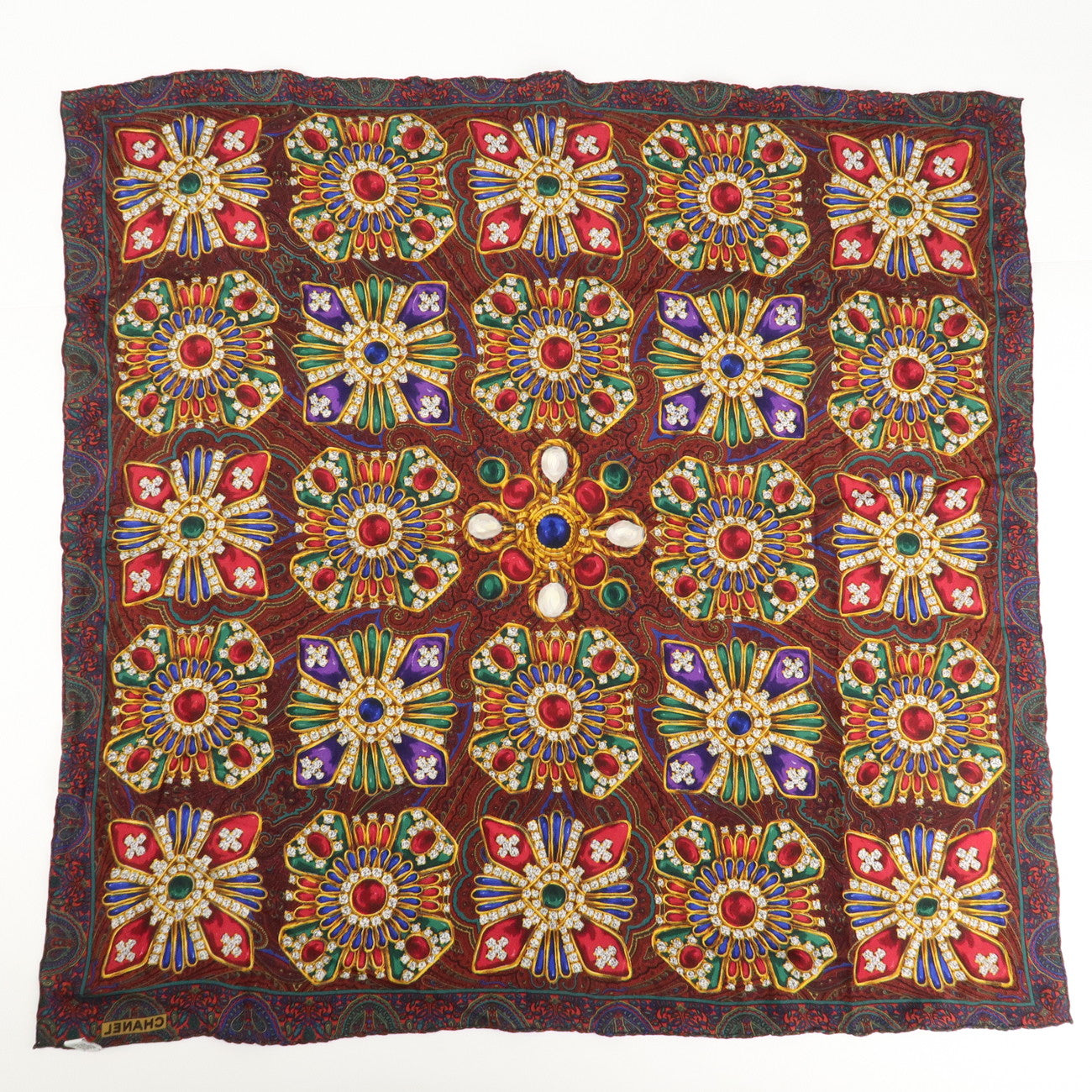 CHANEL Silk 100% Scarf Gripoix Print Red Multi Color Used