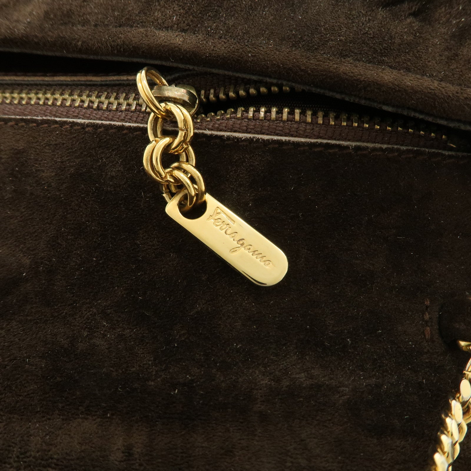 Ferragamo Suede Chain Shoulder Bag Dark Brown