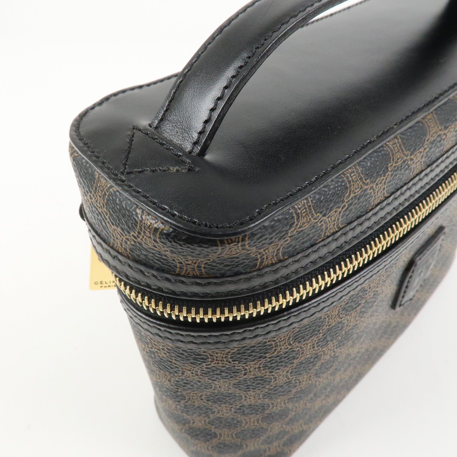CELINE Macadam PVC Coating Canvas Leather Vanity Bag Hand Bag Black