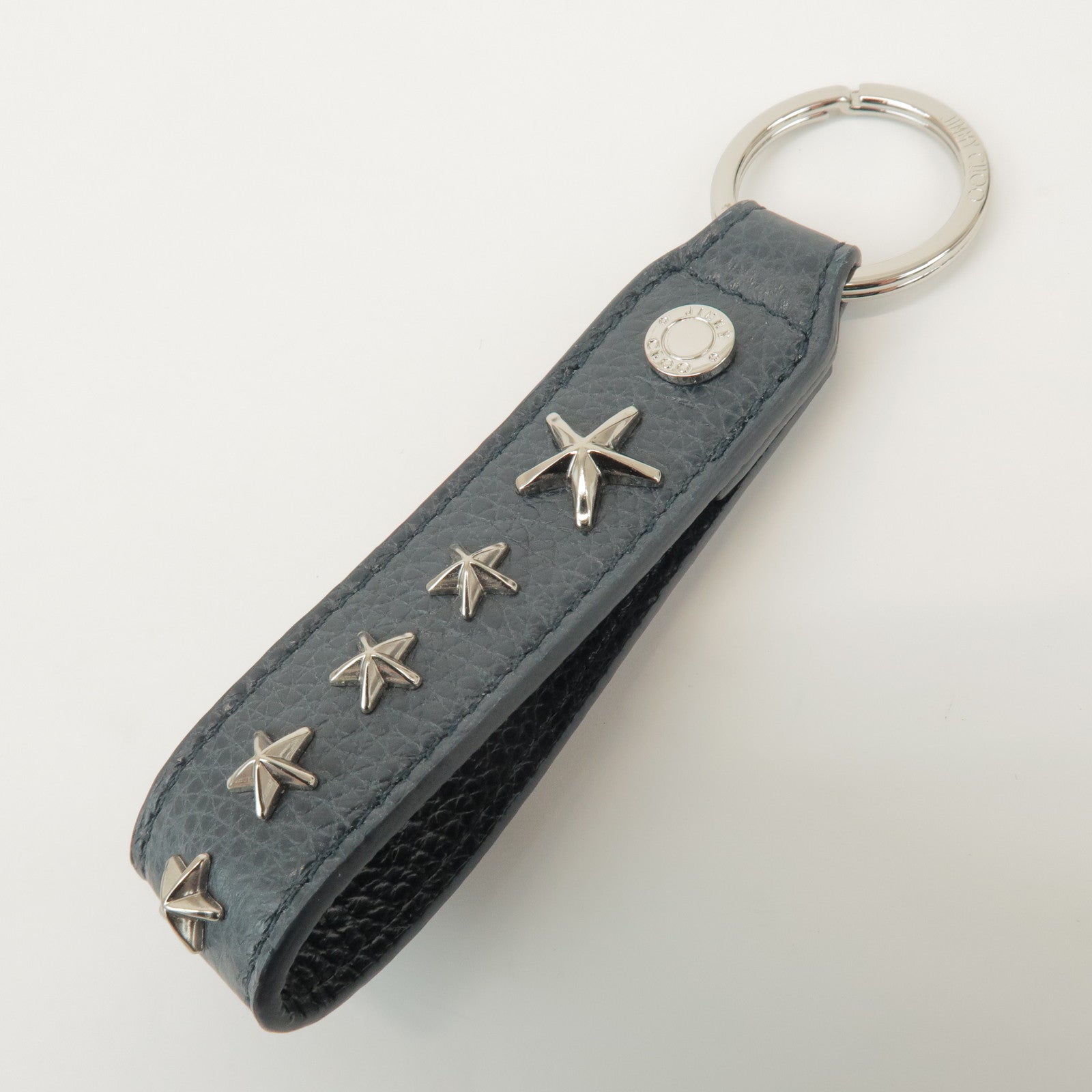 JIMMY CHOO Leather Bag Charm Key Chain Star Motif Navy