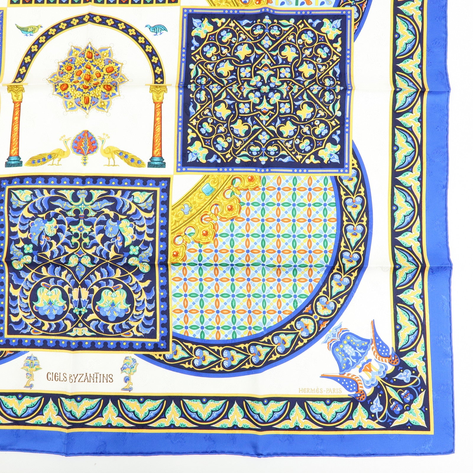 HERMES Carre 90 Silk 100% Scarf CIELS BYZANTINS Blue White
