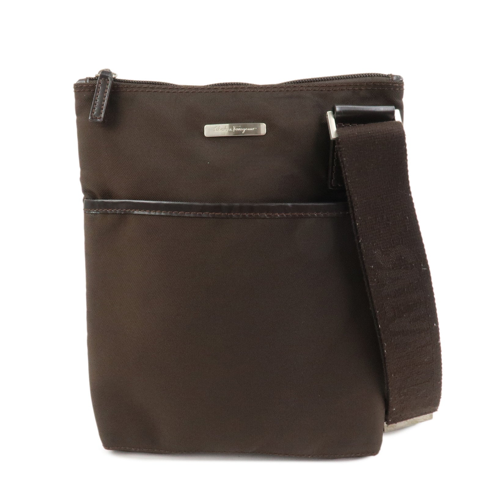 Ferragamo Nylon Leather Shoulder Bag Crossbody Bag Brown Silvern