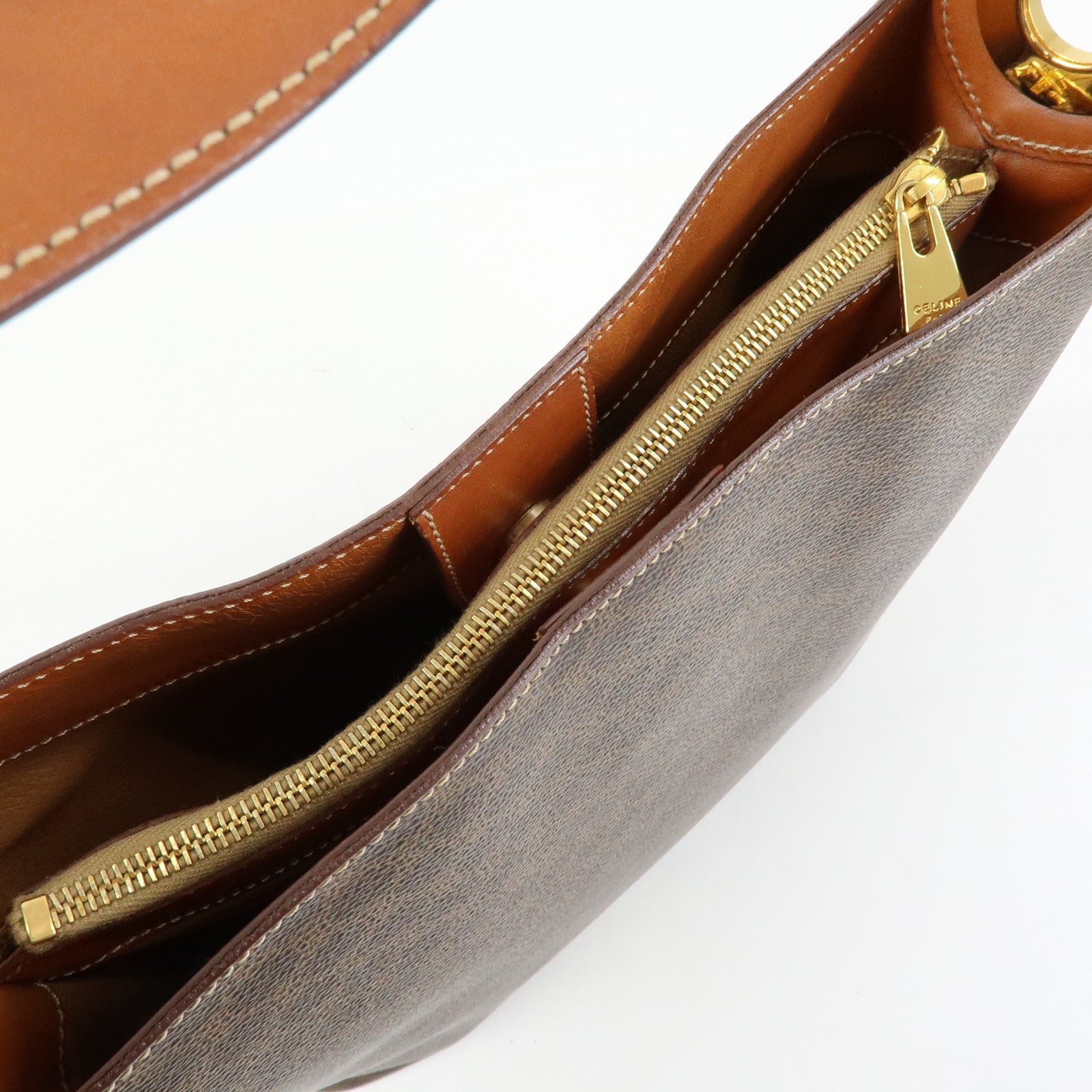 CELINE Macadam PVC Canvas Leather Shoulder Bag Brown