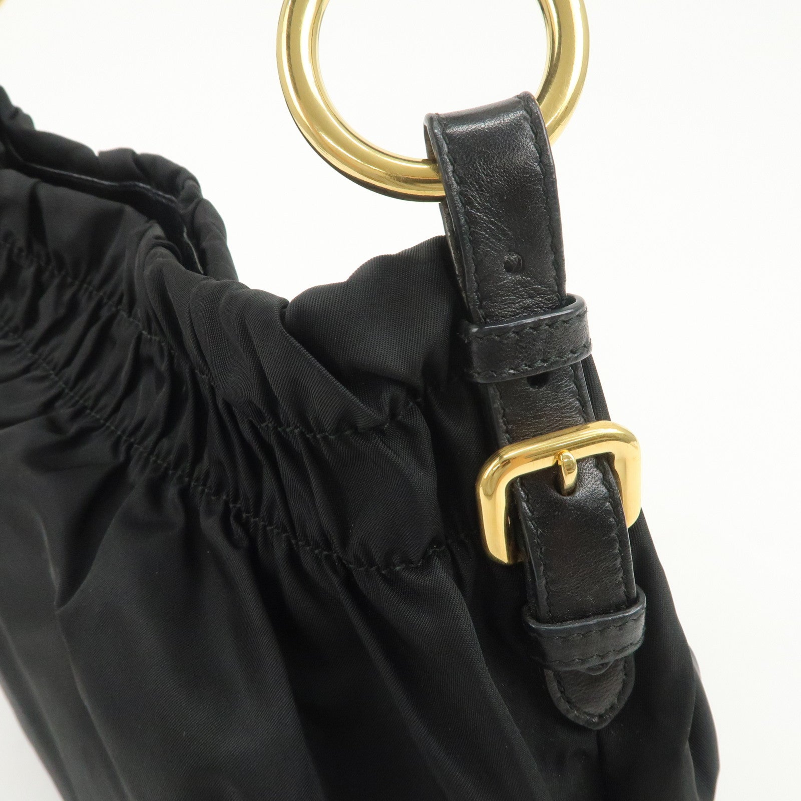 PRADA Nylon Leather Gathered Ribbon Shoulder Bag Hand Bag BR4237