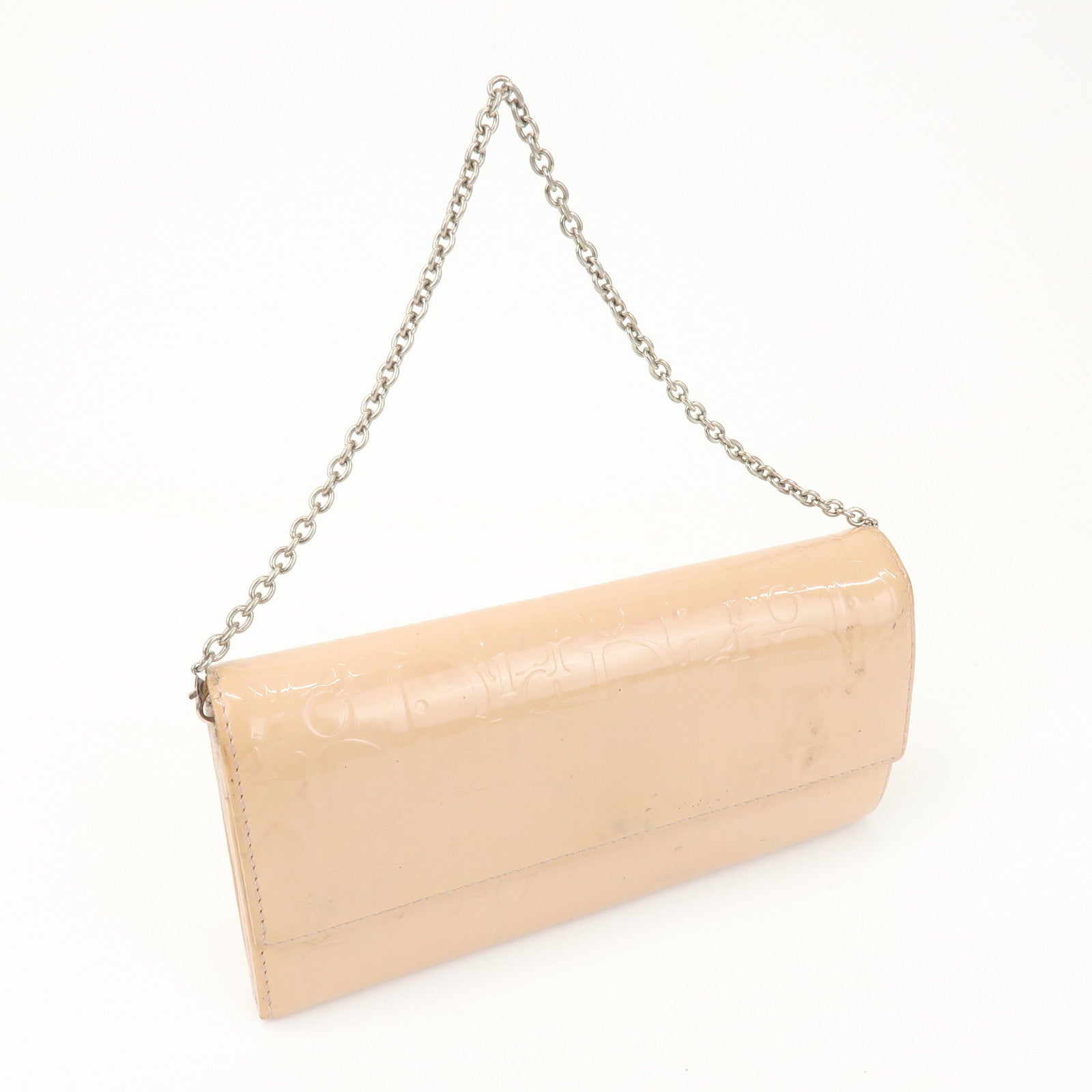 Christian Dior Patent Leather Chain Wallet Long Wallet WOC Beige