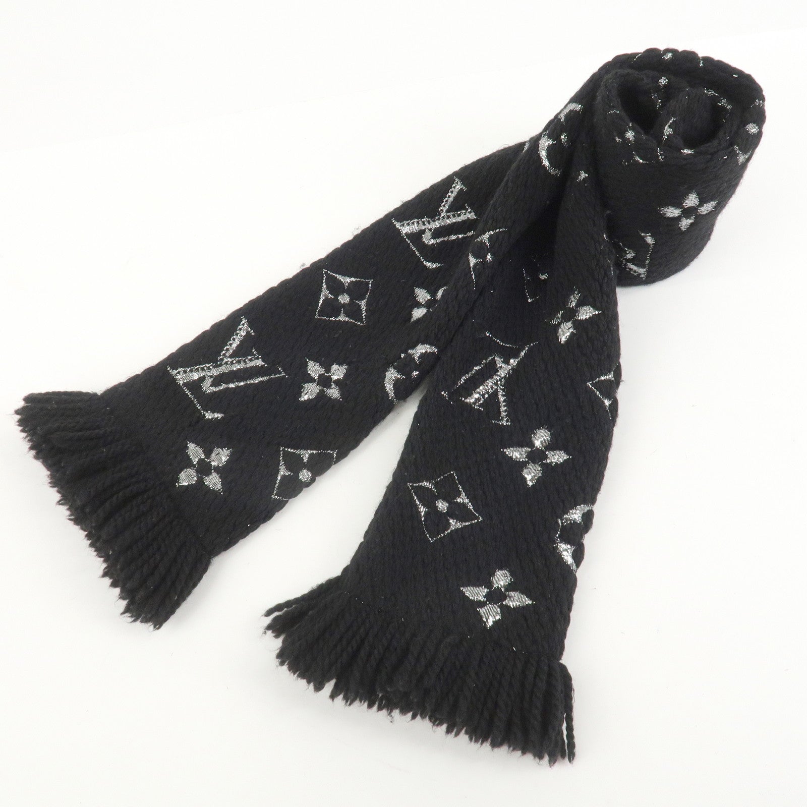 Louis Vuitton Escharp Monogram Shine Wool Silk Scarf Black M75833