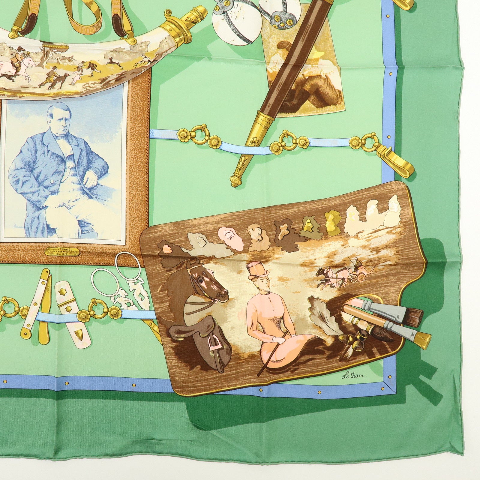 HERMES Carre 90 Silk 100% Memoire d'Hermes Scarf Green Brown Gold