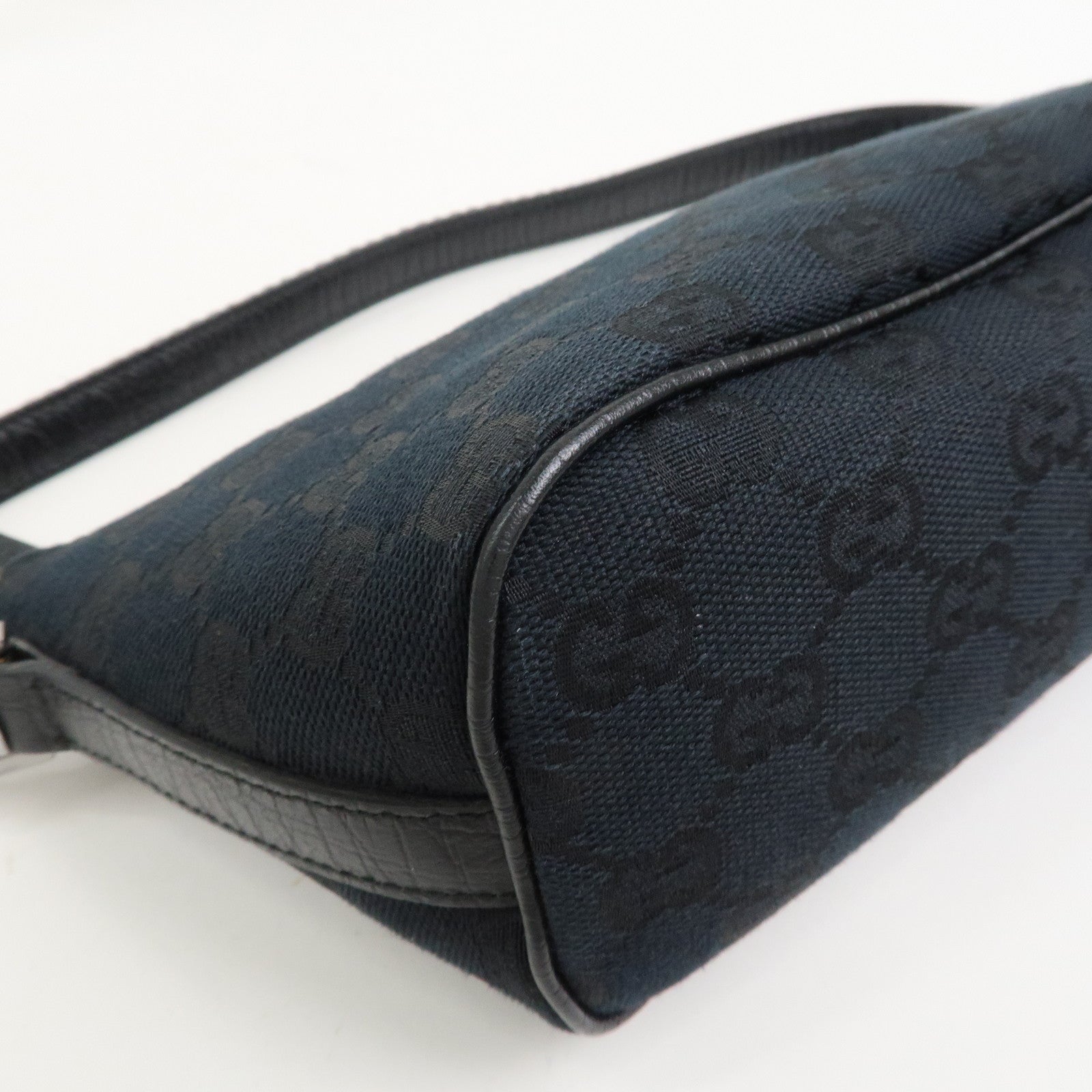 GUCCI Boat Bag Sherry GG Canvas Leather Hand Bag Black 141809