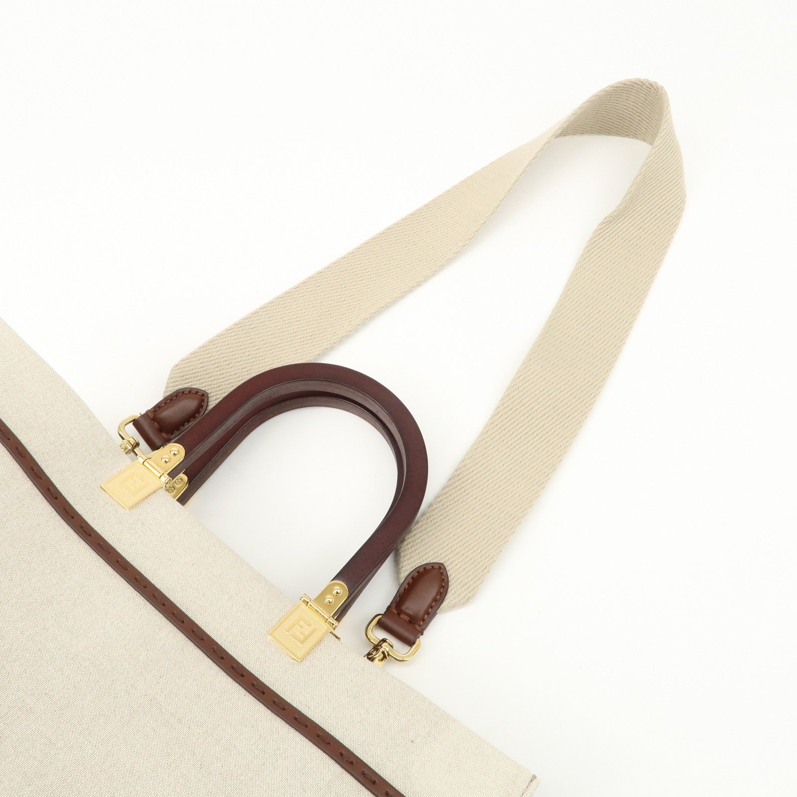 FENDI Leather Canvas Sunshine Medium Tote Bag Natural 8BH386