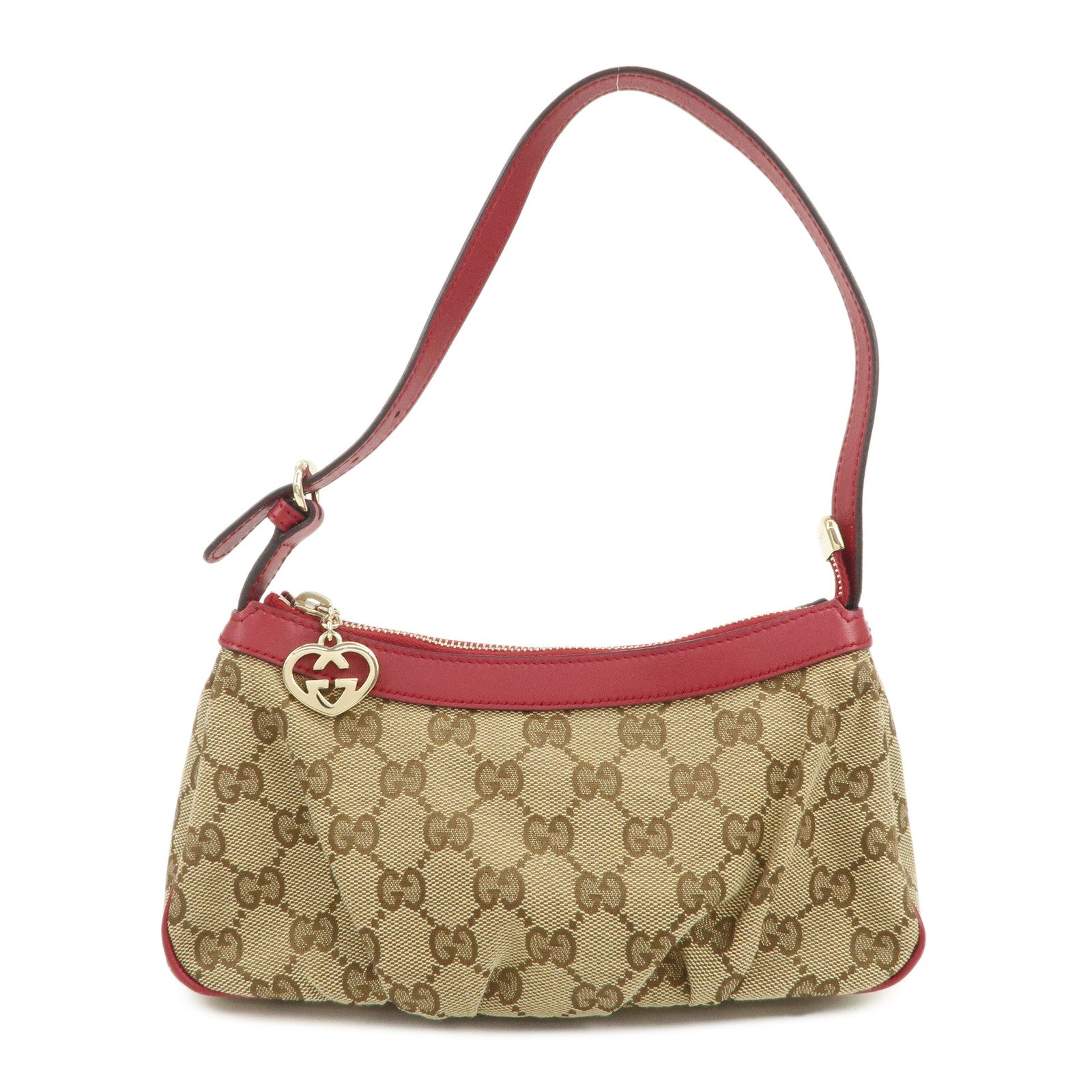 GUCCI Lovely Heart GG Monogram Canvas Leather Hand Bag Brown 245938