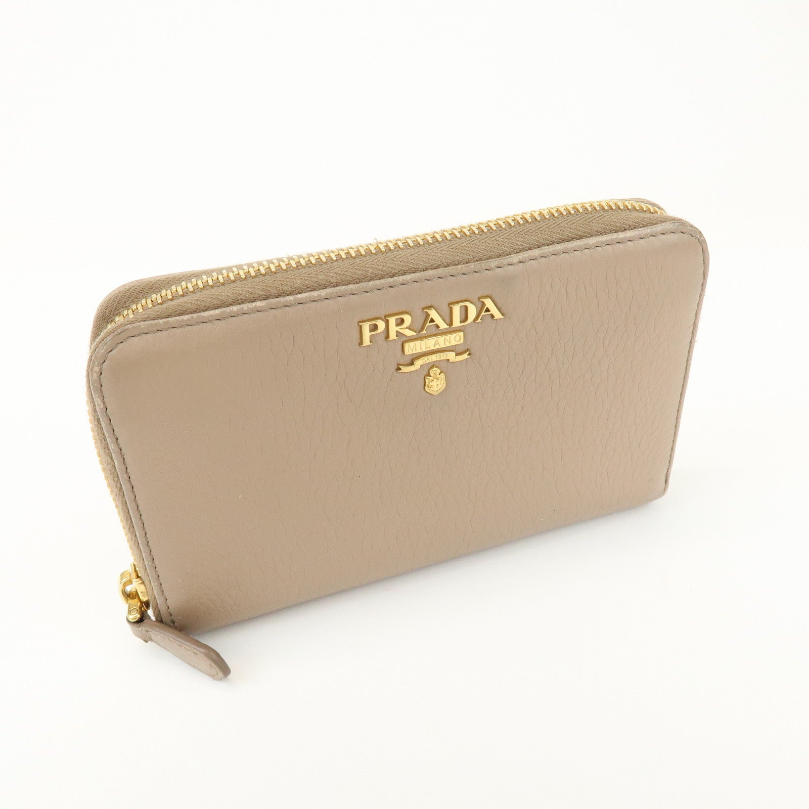 PRADA Calf Leather Compact Round Zippy Wallet Beige Gold