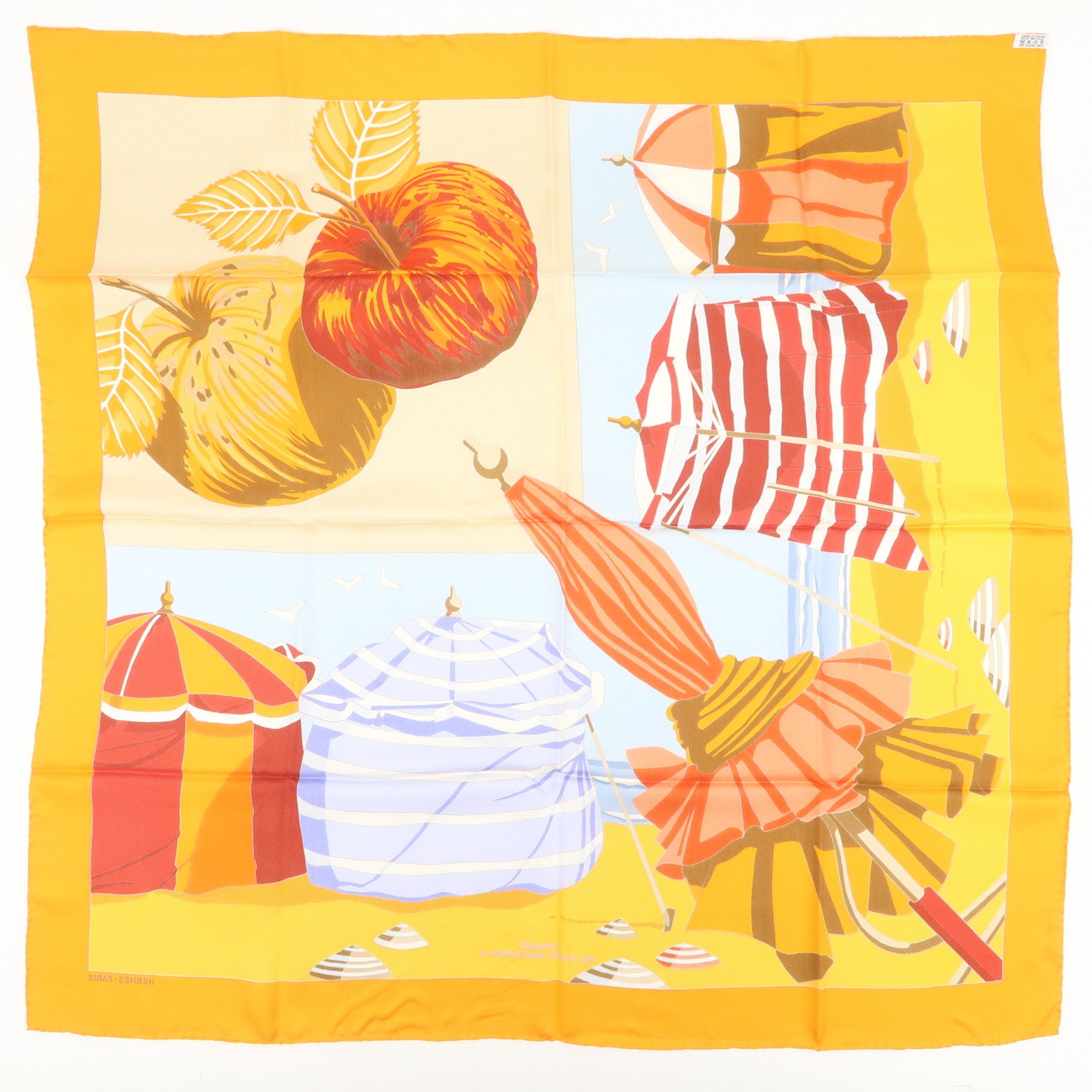 HERMES Carre 90 Silk 100% DES PLAGES NORMANDES2 Scarf Orange