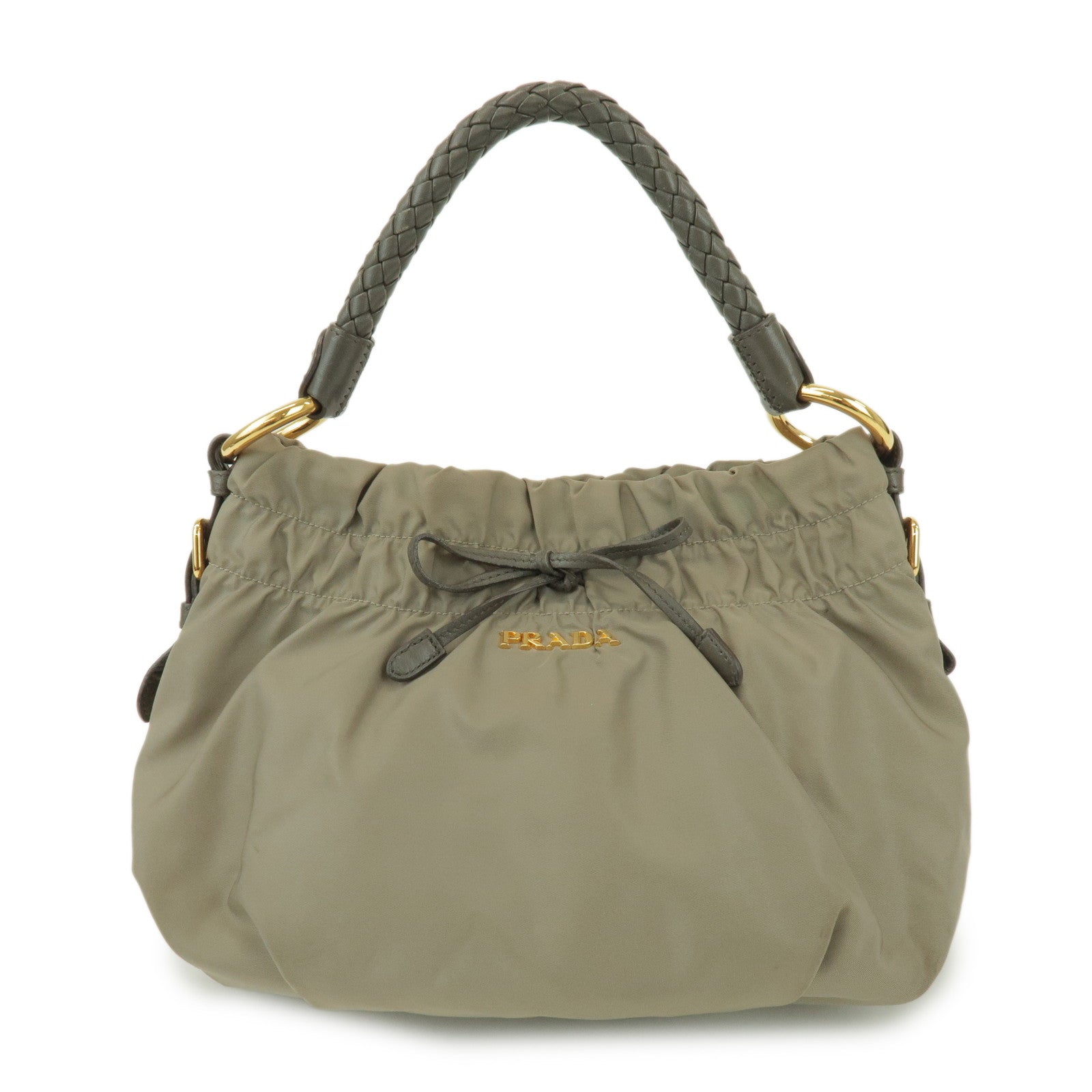 PRADA Gathered Ribbon Nylon Shoulder Bag Hand Bag Khaki BR4237