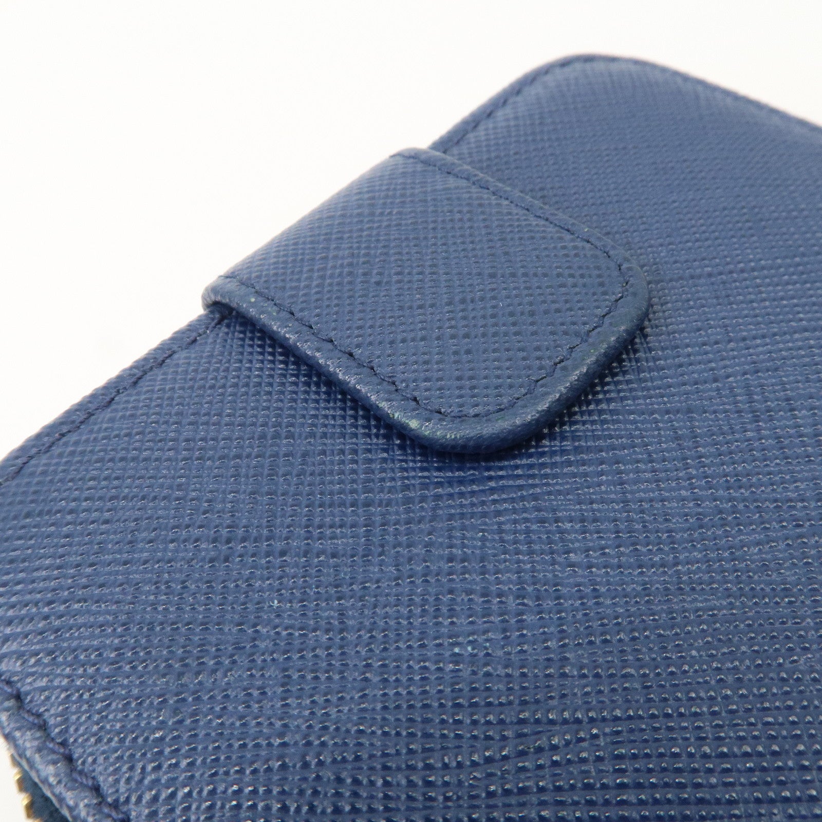 PRADA Logo Leather Round Zippy Bi-fold Wallet Blue 1ML522 Used