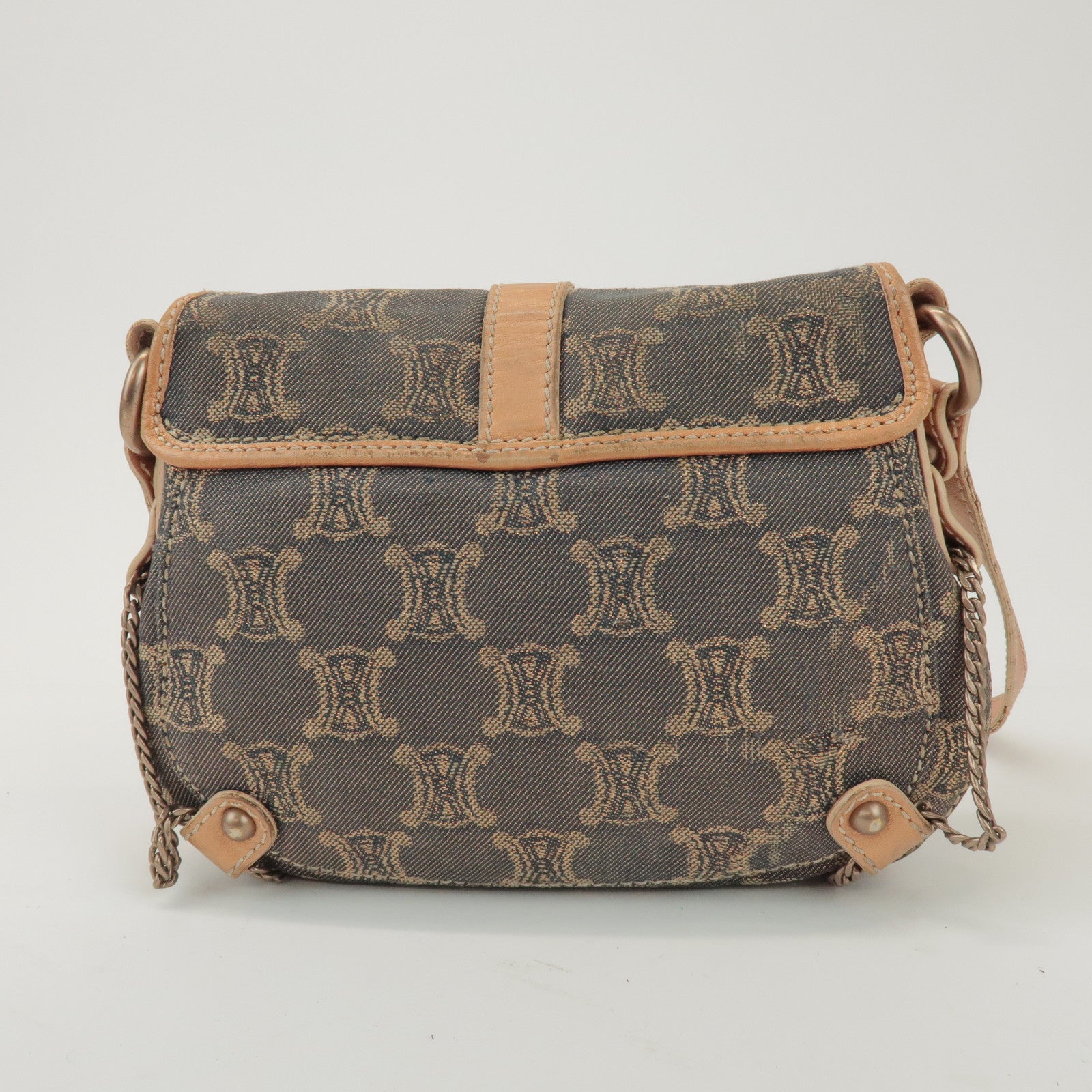 CELINE Macadam Denim Leather Shoulder Bag Metallic Pink Beige