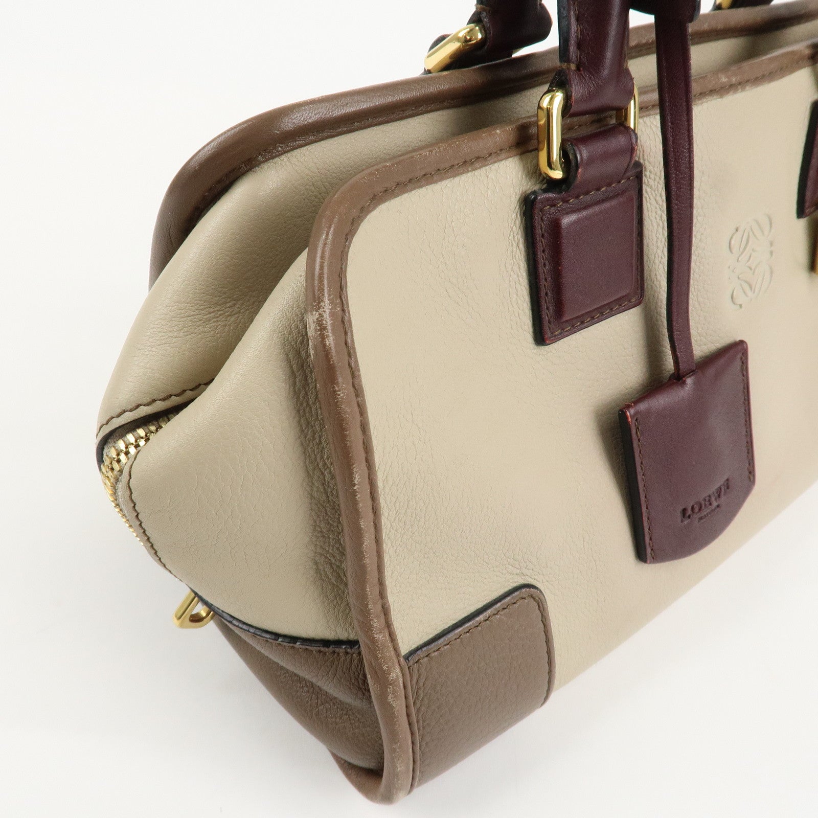 LOEWE Anagram Amazona 28 Leather Hand Bag Brown Ivory Bordeaux Used