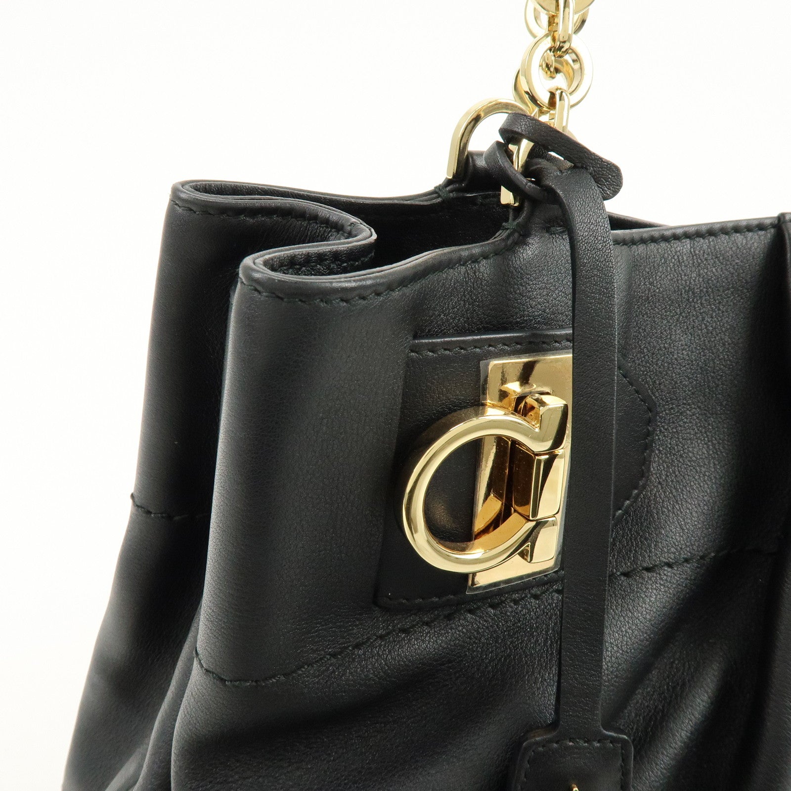 Ferragamo Gancini Leather Tote Bag Hand Bag Shoulder Bag Black