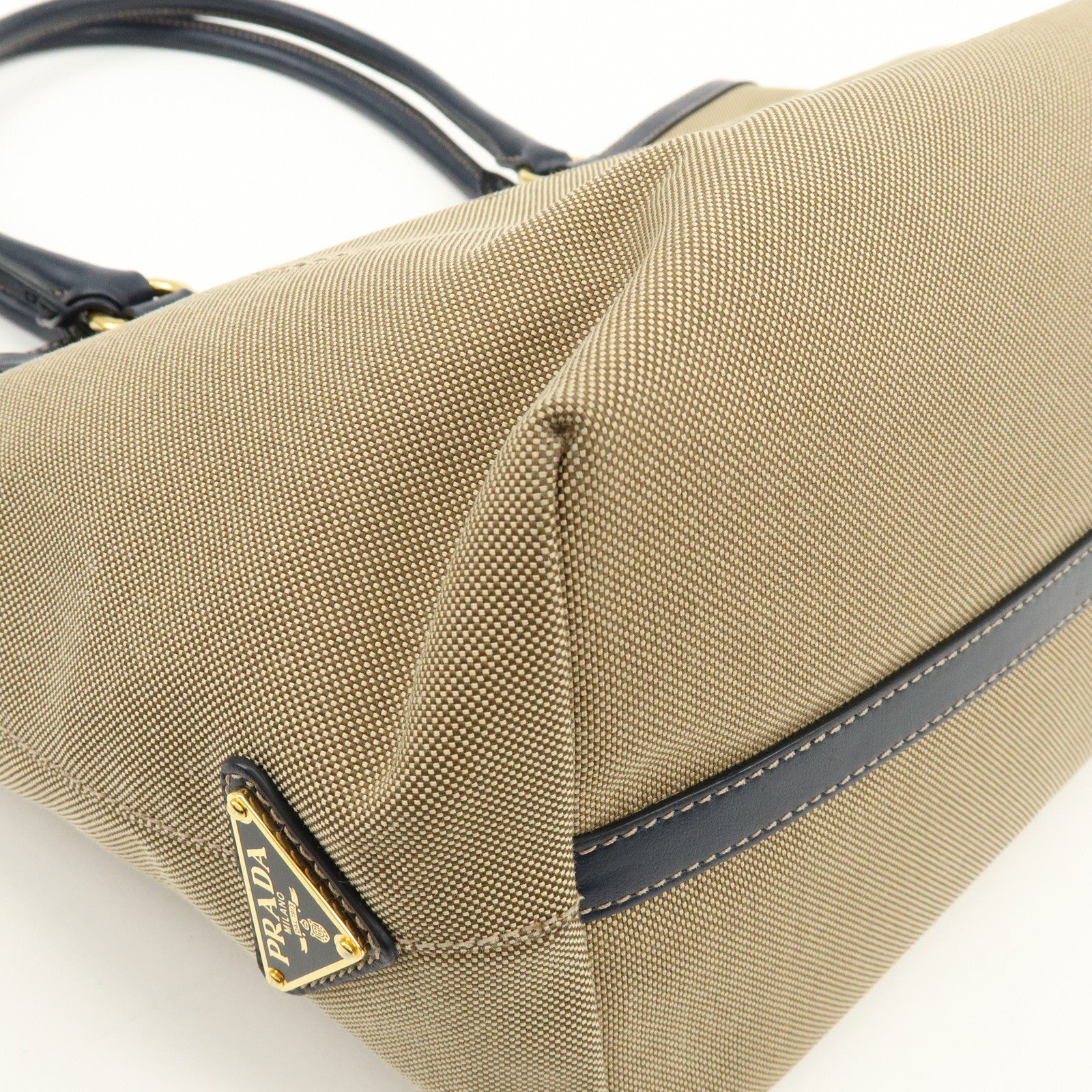 PRADA Logo Jacquard Leather Tote Bag Hand Bag Beige Navy