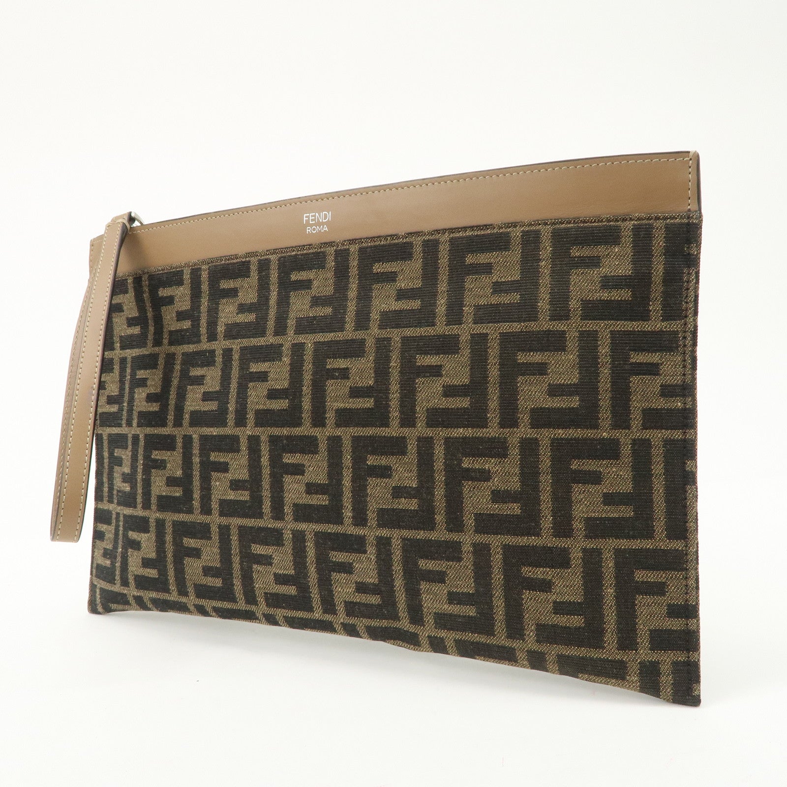 FENDI Zucca Leather Canvas Slim Clutch Bag Medium Brown 7N0134