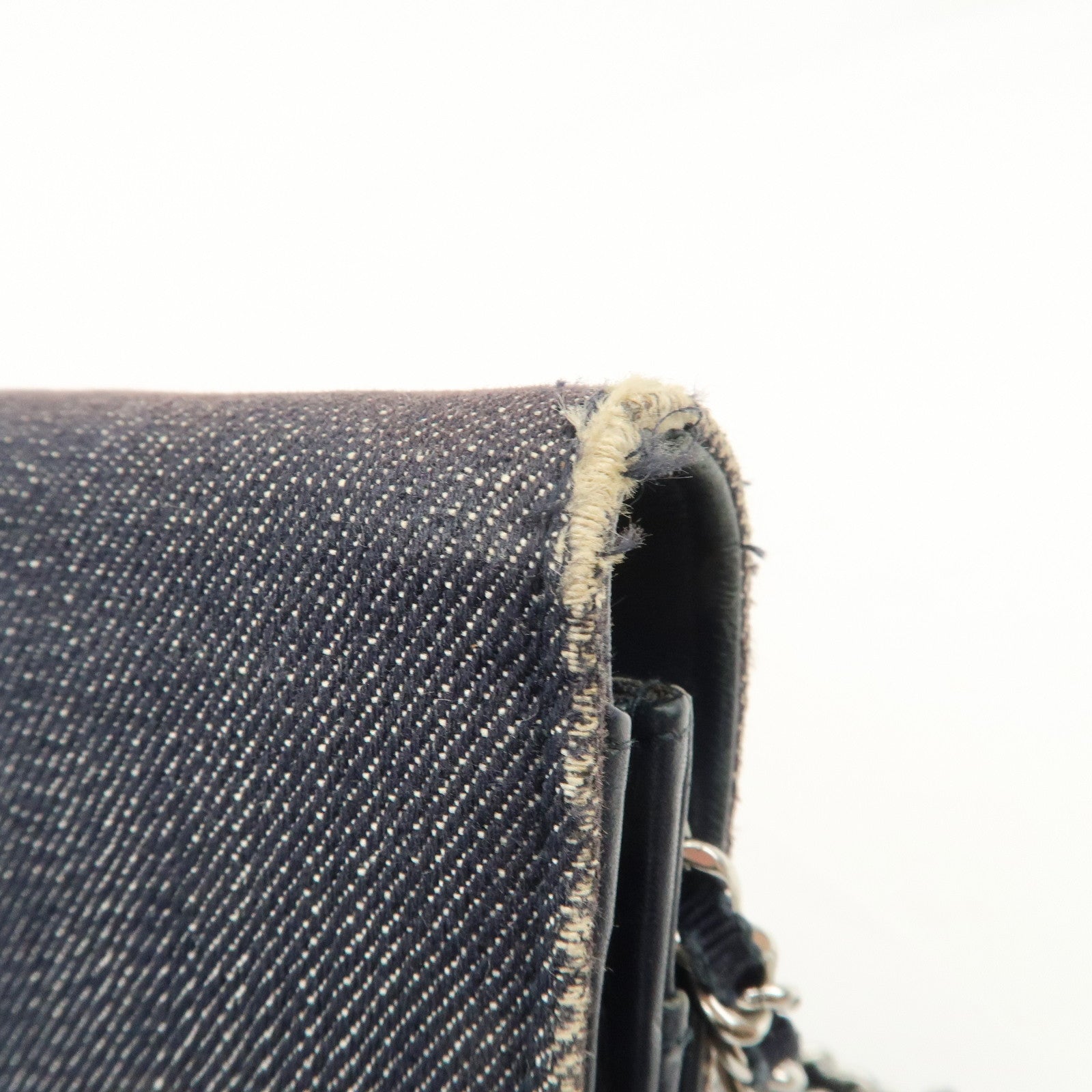 CHANEL Deauville Denim Chain Wallet Navy Brown Silver HDW A80795 Used